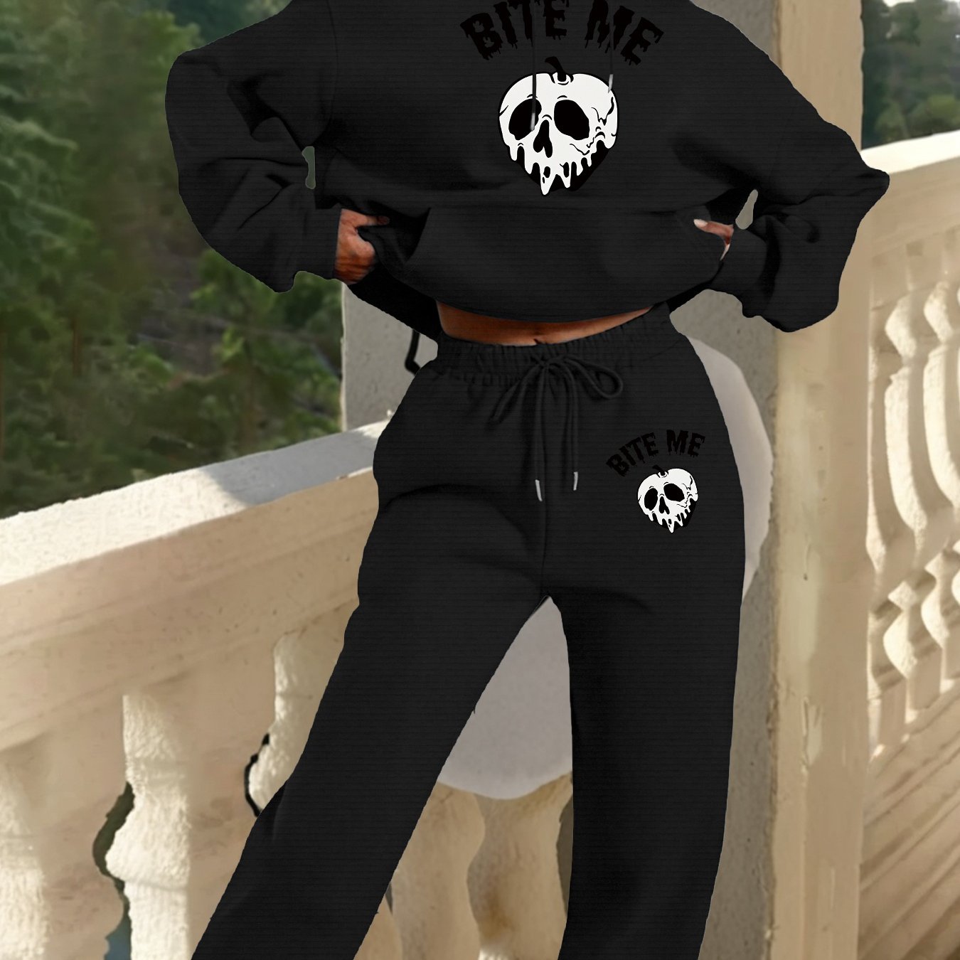 Women'S Gothic Hoodie & Sweatpants Set - Black with White Skull Graphic, Matching Outfit for Halloween, Gothic Clothing, Casual Winter Wear - Cozy Fall/Winter for Everyday & Themed Events, Goth Hoodie, Halloween Apparel, Comf