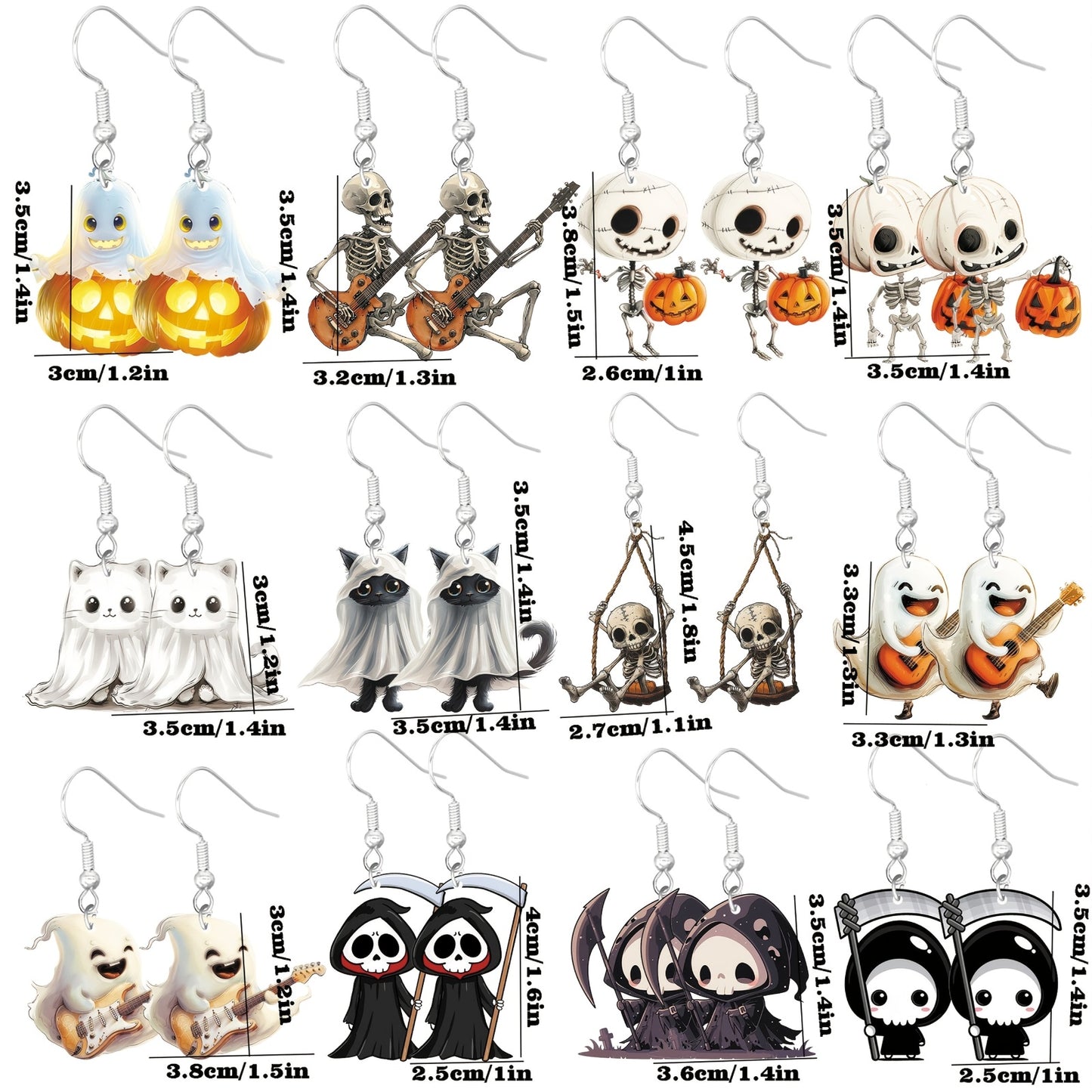 12 Pairs of Halloween Earrings Featuring Adorable Mummies, Pumpkins, Cats, Skulls, And Death Patterns, Cartoon-Style Pendant Earrings Made of Acrylic Material.