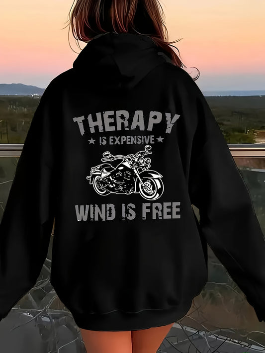 Women's Motorcycle-Themed Biker Jacket - Full-Zip Hooded -like Polyester Coat with Motorcycle Rider & " is Expensive, Wind is Free" Slogan, All-Season Casual Outerwear for Motorcycle Riding, Travel & Casual Attire - Machine W