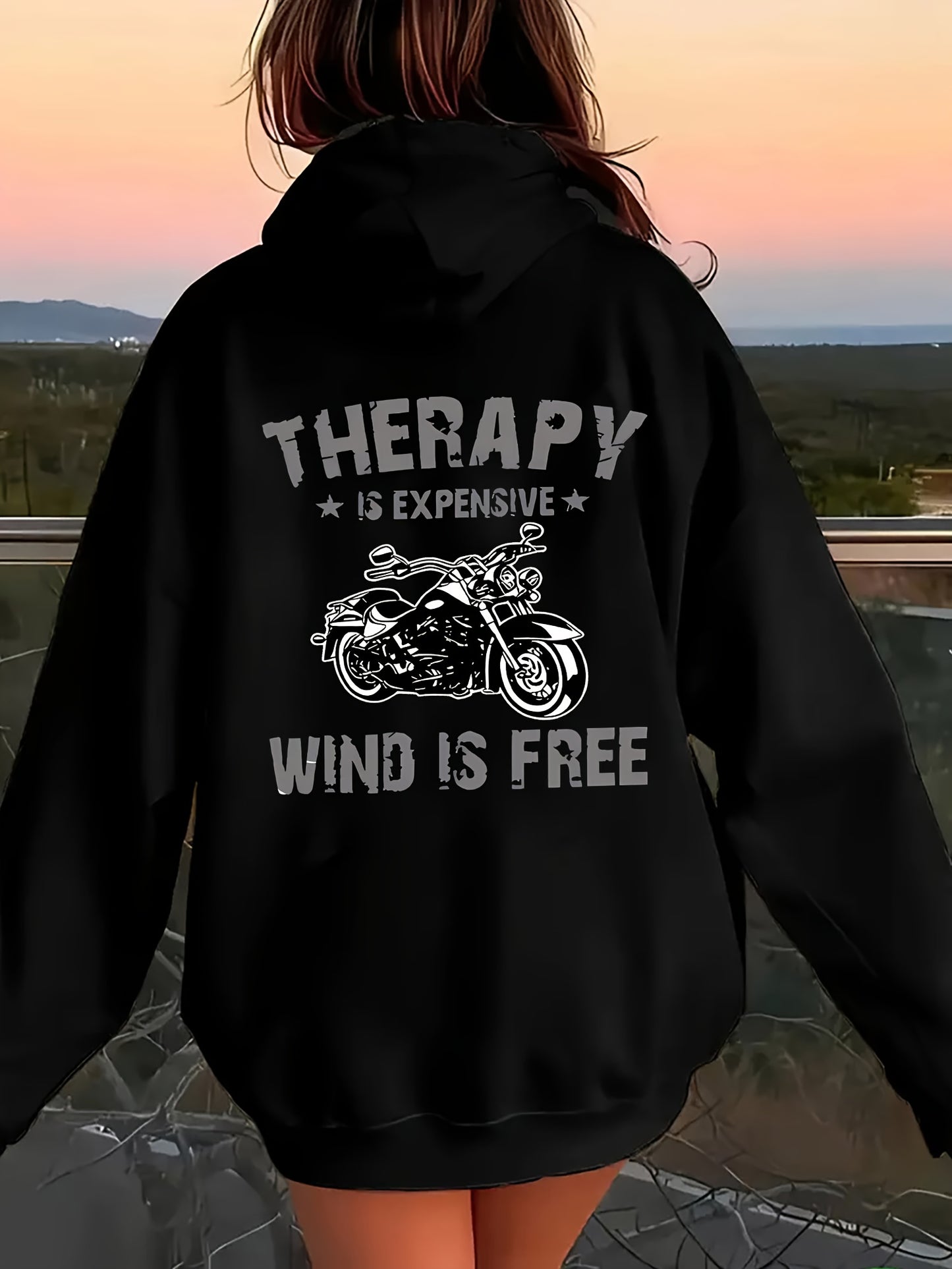 Women's Motorcycle-Themed Biker Jacket - Full-Zip Hooded -like Polyester Coat with Motorcycle Rider & " is Expensive, Wind is Free" Slogan, All-Season Casual Outerwear for Motorcycle Riding, Travel & Casual Attire - Machine W