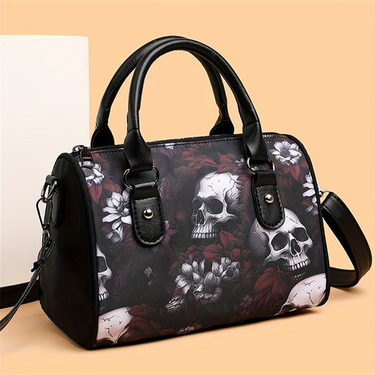 Skull Flower Pattern Handbag, Gothic Boston Shoulder Bag, Halloween Crossbody Bag For Women