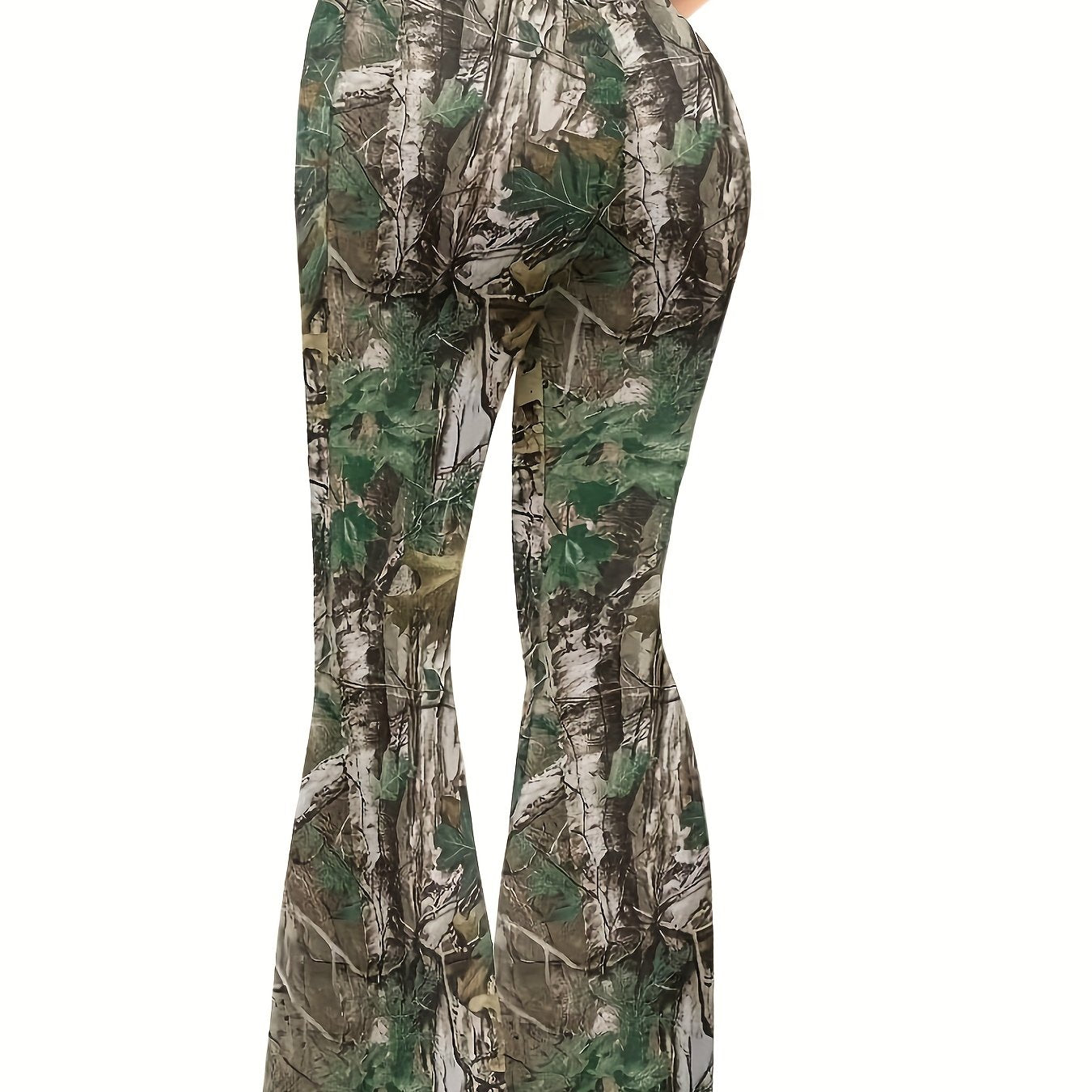 Women'S Elegant Jungle Camouflage Flare Leg Pants, 100% Polyester Knit Fabric, Medium Stretch, All-Season, 200g/m² Weight, Random Print Design
