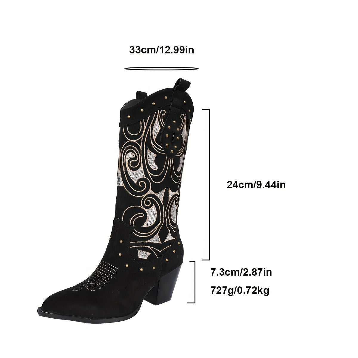 Women'S Gothic Cowboy Boots - Slip-On Mid-Calf Riding Boots with Pointed Toe, Non-Slip Rubber Sole - All-Season Western Boots for Halloween, Christmas, Parties, Everyday - Elegant Gothic Boots for Women (Black) - Easy-Clean F