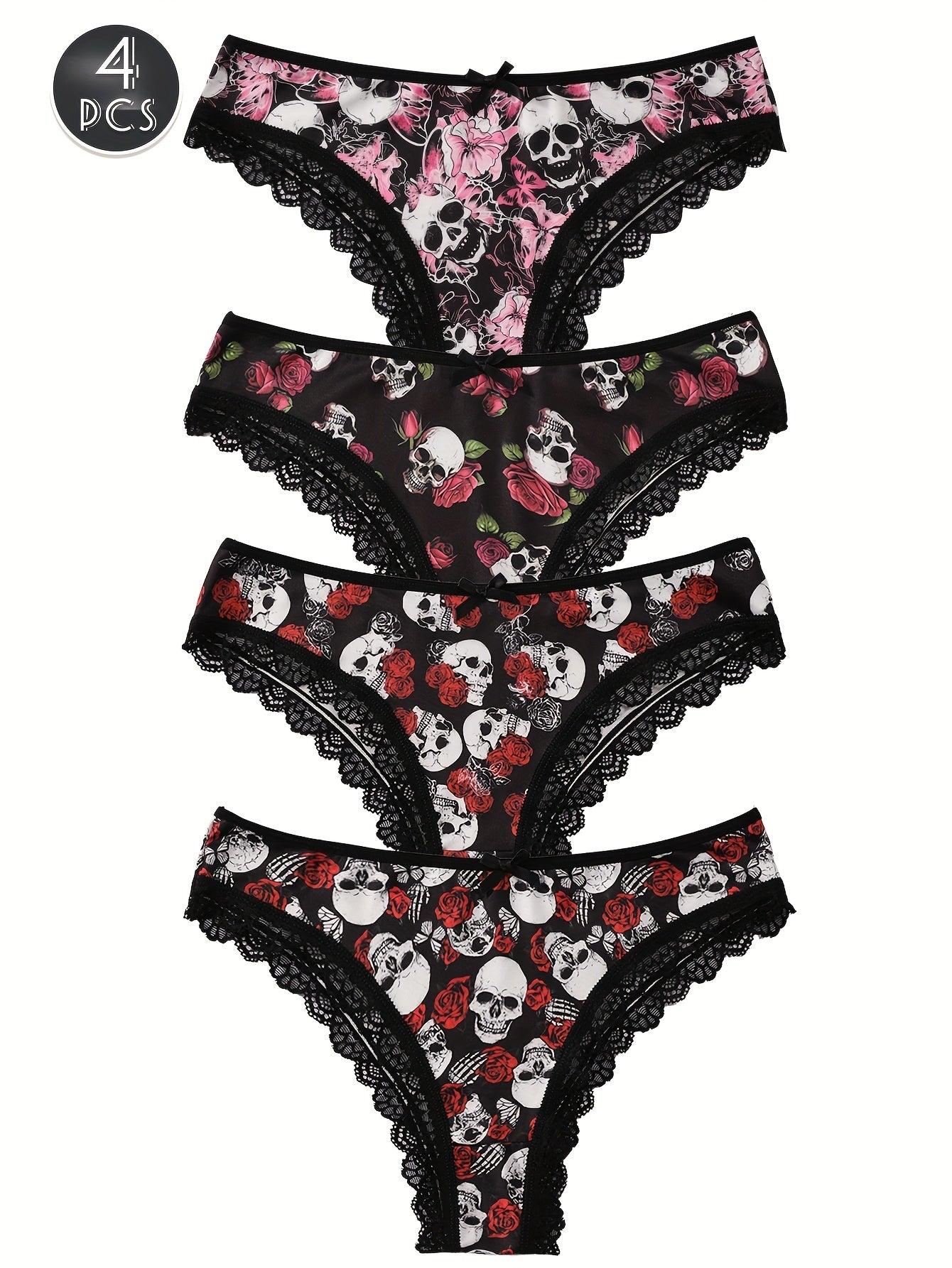 4pcs Women's Gothic Portraits Skeleton decorations & Ghost Costumes Print Panties,Halloween decor,Breathable High Elasticity Underwear, Sexy Ladies Lingerie Set, Halloween Gift Ideas.