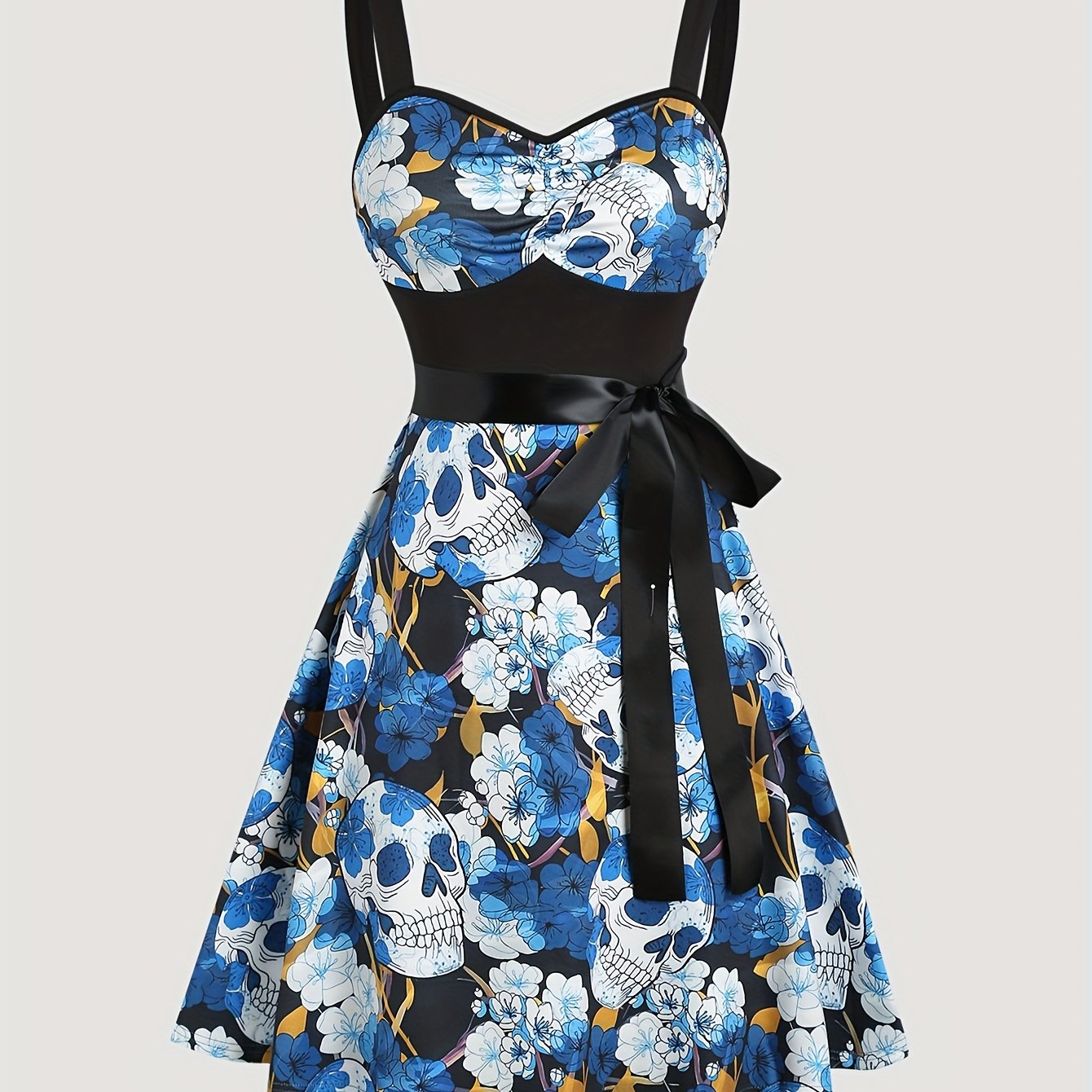 Women'S Floral Skull Print Pleated Bodice Sleeveless Summer Camisole Dress with Belt