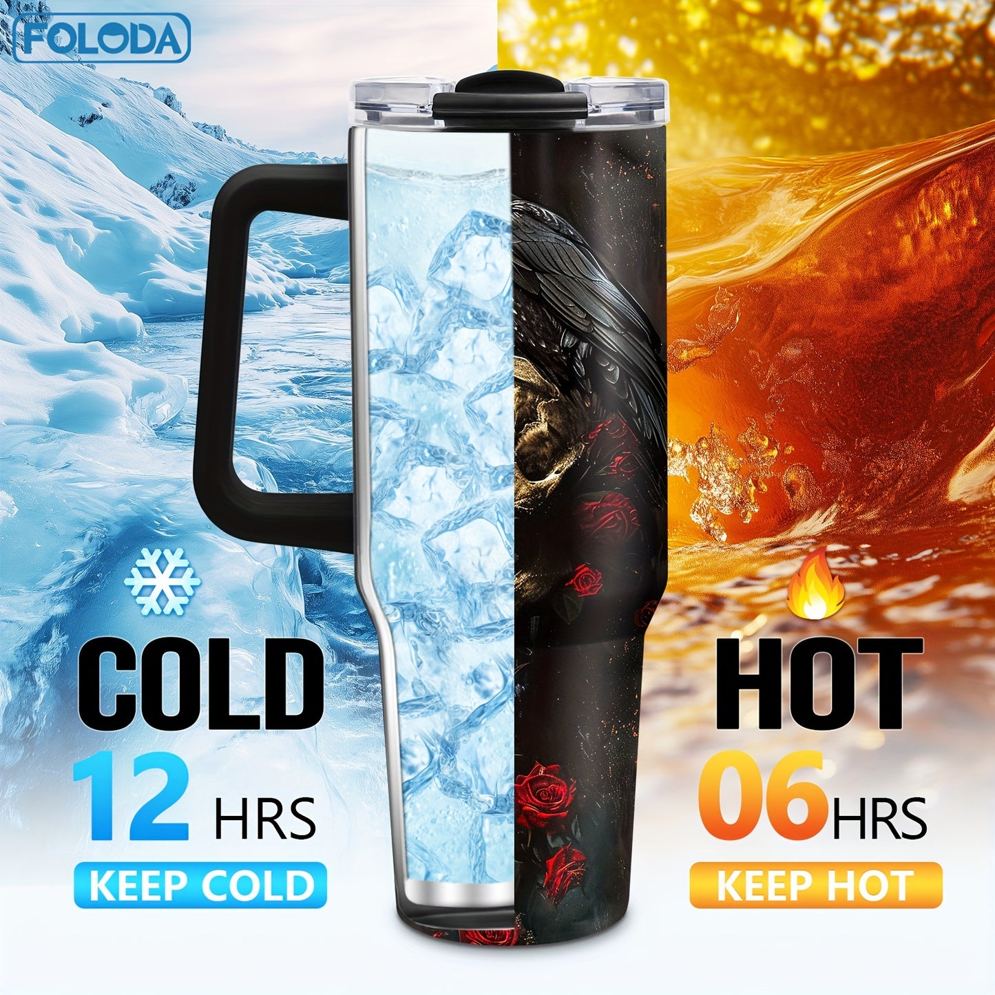 [Cool Skull Tumbler] Foloda 1pc Stainless Steel 40oz Tumbler with Lid Handle Straw, Cool Skull Raven, Gothic Skull Coffee Mug, Travel Cup, Birthday Gifts for Skeleton Lovers, Horror Lovers Christmas Gifts for Halloween Gift O