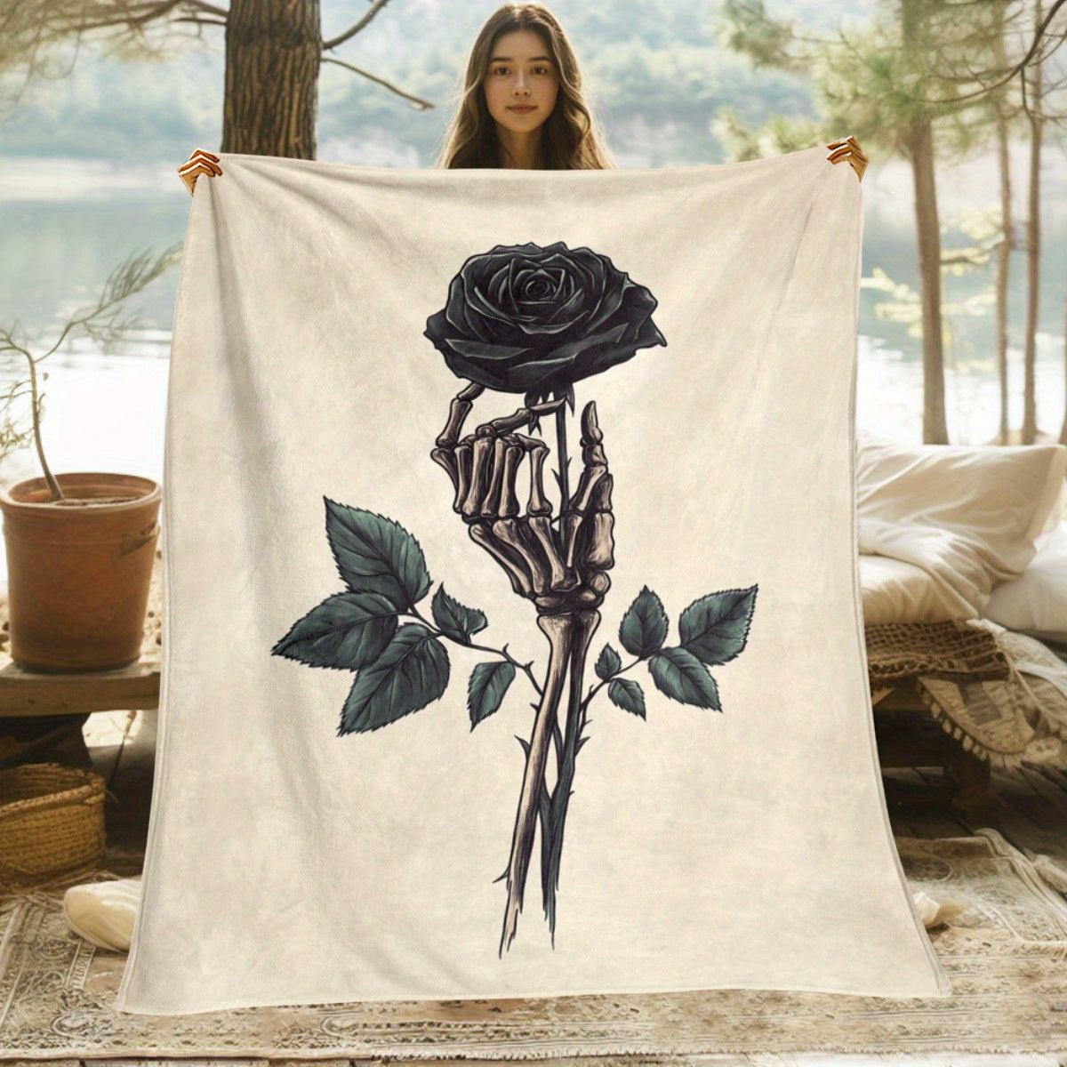 [Gothic Skeleton Throw Blanket] 1pc Gothic Skeleton Hand & Black Rose Throw Blanket - Soft Lightweight Flannel, Beige & Dark Decor for Living Room, Bedroom, Travel - Spooky Halloween Wedding Birthday Gift for Adults - All-Sea