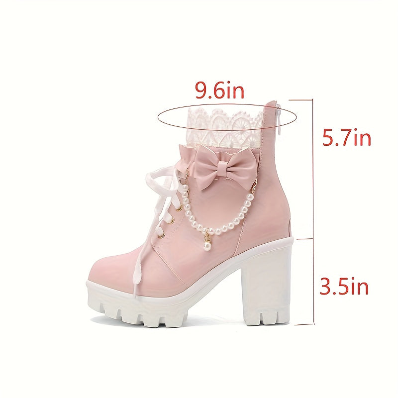 [Winter Chunky Heel Boots] Women's Winter Chunky Heel Gothic Lace-Up Ankle Boots | Japanese/Korean Fashion Faux Cover Round-Toe Short Boots with Thick Platform Sole, Zipper Closure & Heart Bow Buckle, Soft Fabric Lining - Cut