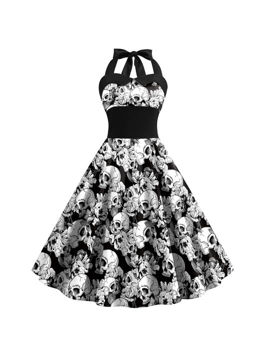 Women'S Retro Gothic Halloween Dress with Skull & Spider Web Print - Asymmetrical Short Sleeve High Waist Party Costume, & Orange Sleeveless Outfit with Shoulder Straps & Ruffled Hem for Themed Events, Year-Round Wear (Adult