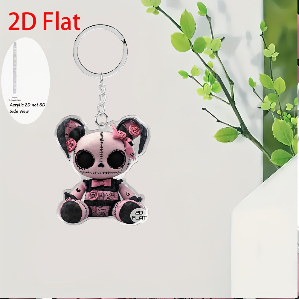 2D Flat, 1pc Gothic Plush Bear Keychain - Pink & Black Gothic Charm with White Eyes, Nose & Mouth - Cute Bag Accessory, Birthday/Valentine's Gift for Girls, Women, Kawaii Collectors - Soft Plush Pendant with Black & White Str