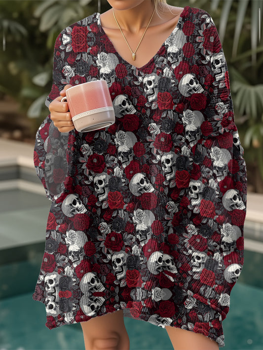 Women's Gothic Boho V-Neck Sweater - Oversized Loose Fit Long Sleeve Pullover with Asymmetrical Hem & Skull & Rose Print in Burgundy/Black/White/Gray - Cozy Fall Winter Sweater for Casual & Formal Outfits, Breathable H-Line S