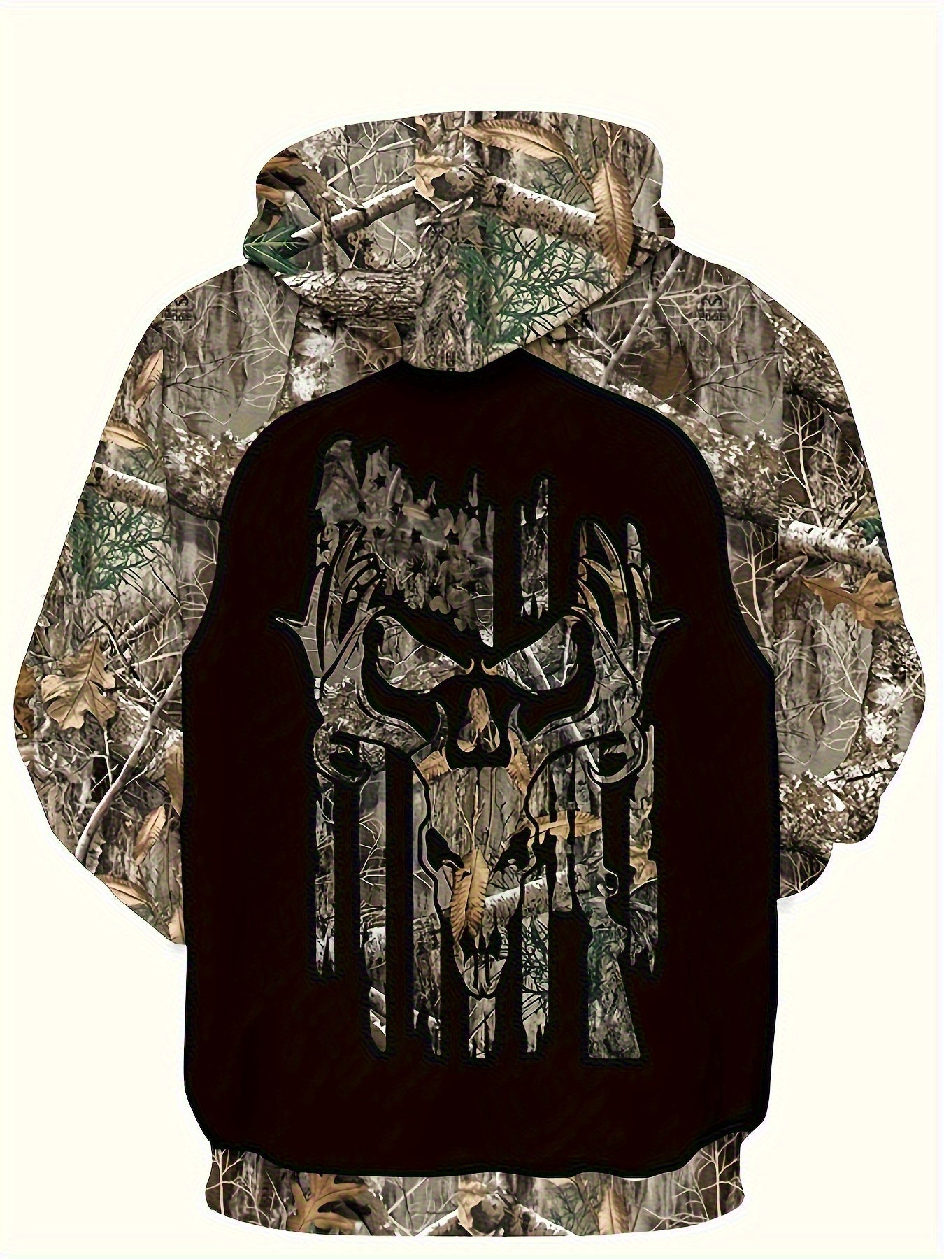 Men's 3D All-Over Camo Print Hooded Sweatshirt - Gothic Skull & Leaf Full-Zip Hoodie with Drawstring Hood, Brown/Green/Black Camo Streetwear Pullover, Machine Washable Urban Jacket for Spring Summer Fall, Regular Fit & Casual