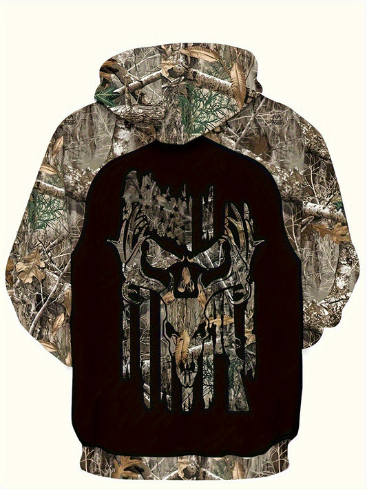 Men's 3D All-Over Camo Print Hooded Sweatshirt - Gothic Skull & Leaf Full-Zip Hoodie with Drawstring Hood, Brown/Green/Black Camo Streetwear Pullover, Machine Washable Urban Jacket for Spring Summer Fall, Regular Fit & Casual