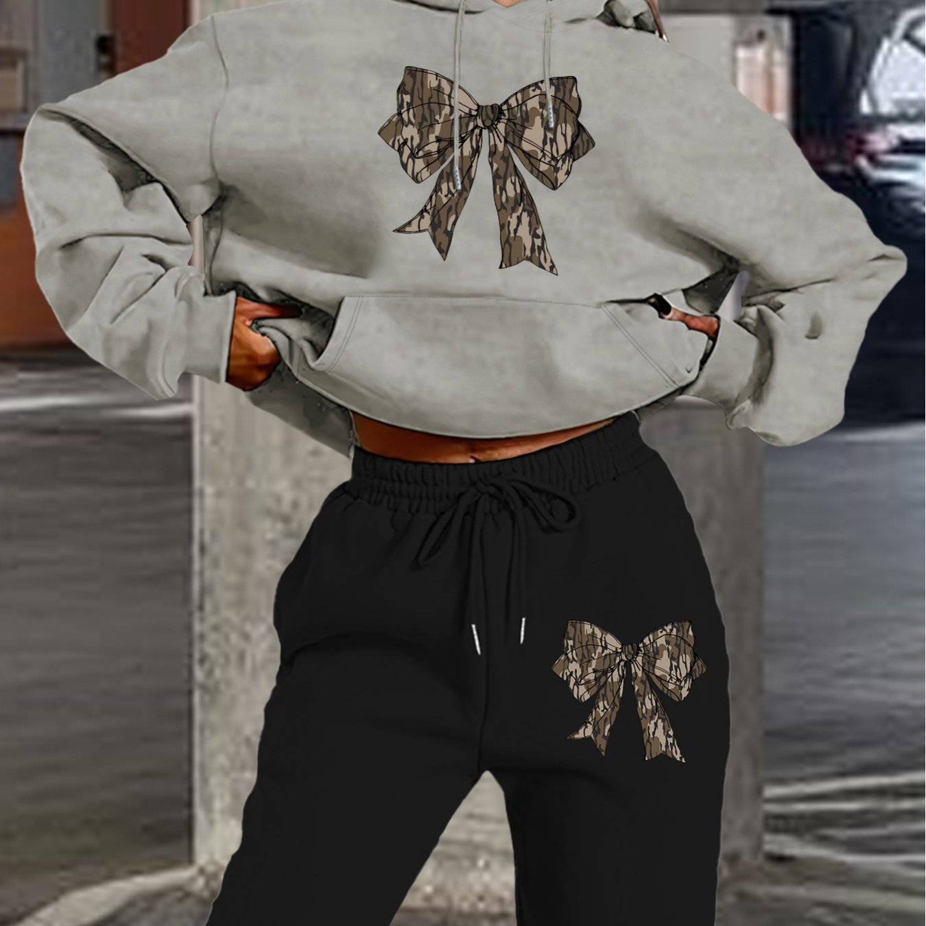 2024 Women's Navy Blue Hoodie & Jogger Set with Camo Bow Detail - Casual Long Sleeve, 100% Polyester Outfit, Machine Washable, Perfect for Fall/Winter