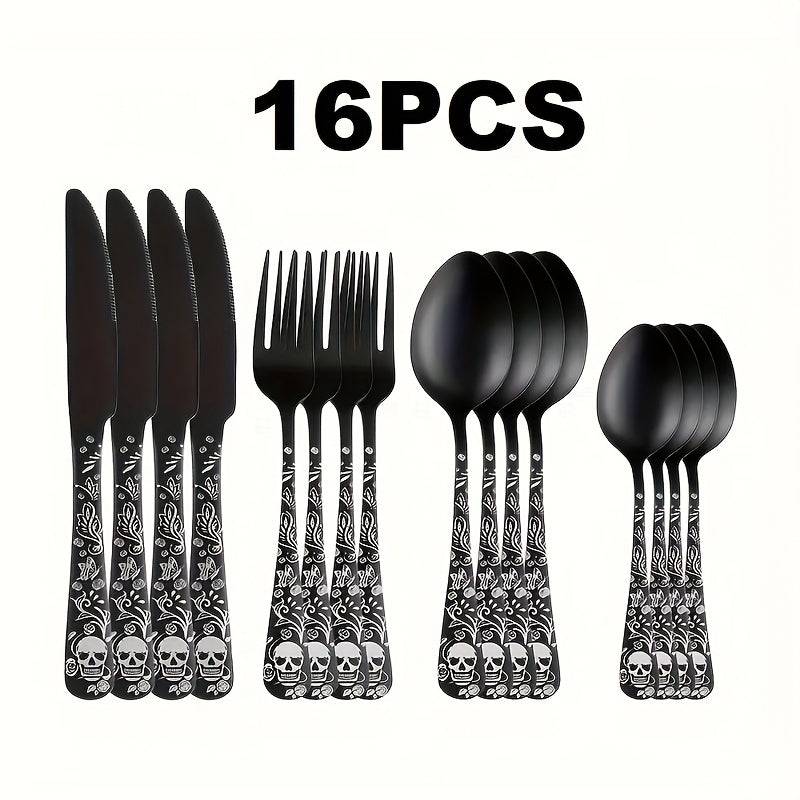 16/24pcs Gothic Design Cutlery Service for 4/6/8, Premium Stainless Steel Flatware Includes Spoon Fork And Knife, Cool Silverware with Skull&Rose Pattern, Nice Gift for Dark&Rock Lover/Halloween/Day of The Dead/Cinco De Mayo/