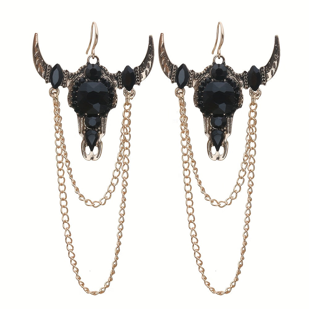 Gothic Western Vintage Tassel Rhinestone Bull Head Long Earrings for Women's Party Casual Fashion Jewelry