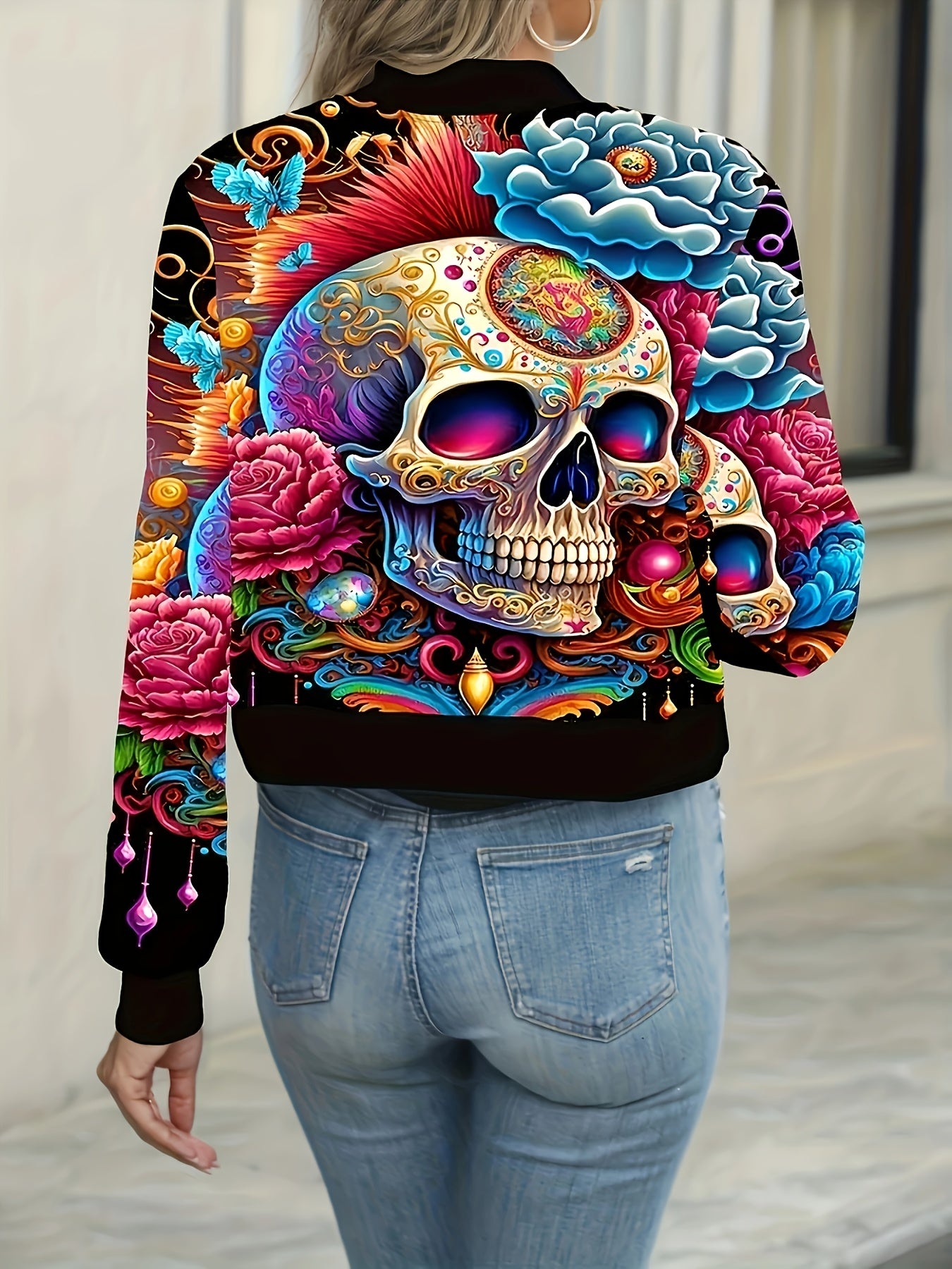 Women'S Gothic Skull Print Zip-Up Jacket - Vibrant Orange & Black Lantern Sleeve Casual Coat with Front Pockets, Perfect for Spring & Fall Fashion, Autumn Fashion Jacket | Vibrant Skull Design | Zippered Jacket