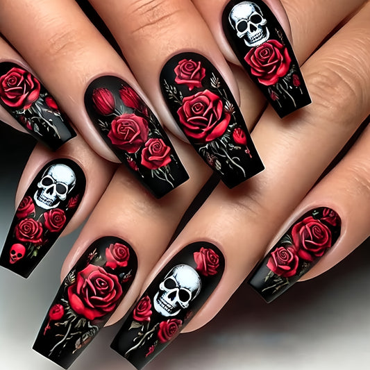[24pcs Halloween Press On Nails] 24pcs Halloween Press On Nails | Medium-Length Square Matte Dark Rose Skull Pattern | Full Coverage Reusable False Nail Set for Women's Holiday Party Nail Art Decoration