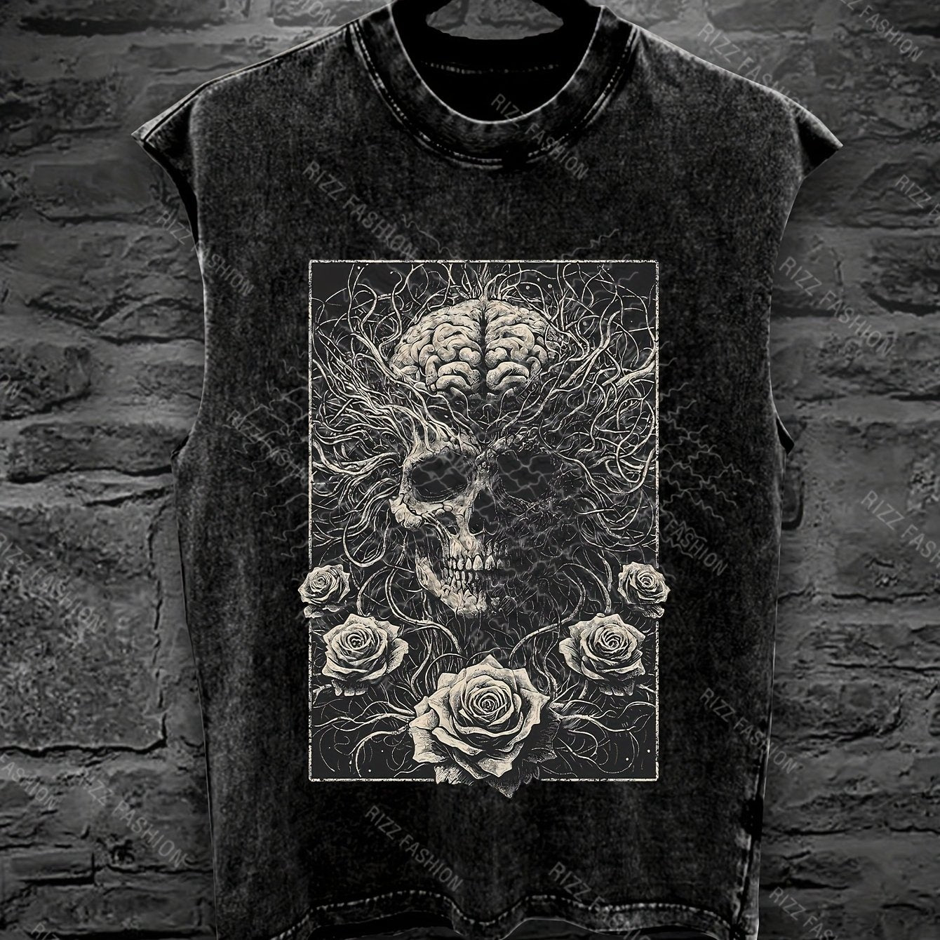 Men'S Gothic Sleeveless Vest - Dark Skeleton & Rose Print Streetwear Punk Style Loose Fit Washed Top | Edgy Skull & Rose Design with Intricate Bone & Bat Wing Patterns | Summer Outdoor Casual Wear, Concerts, Gothic Outfits |
