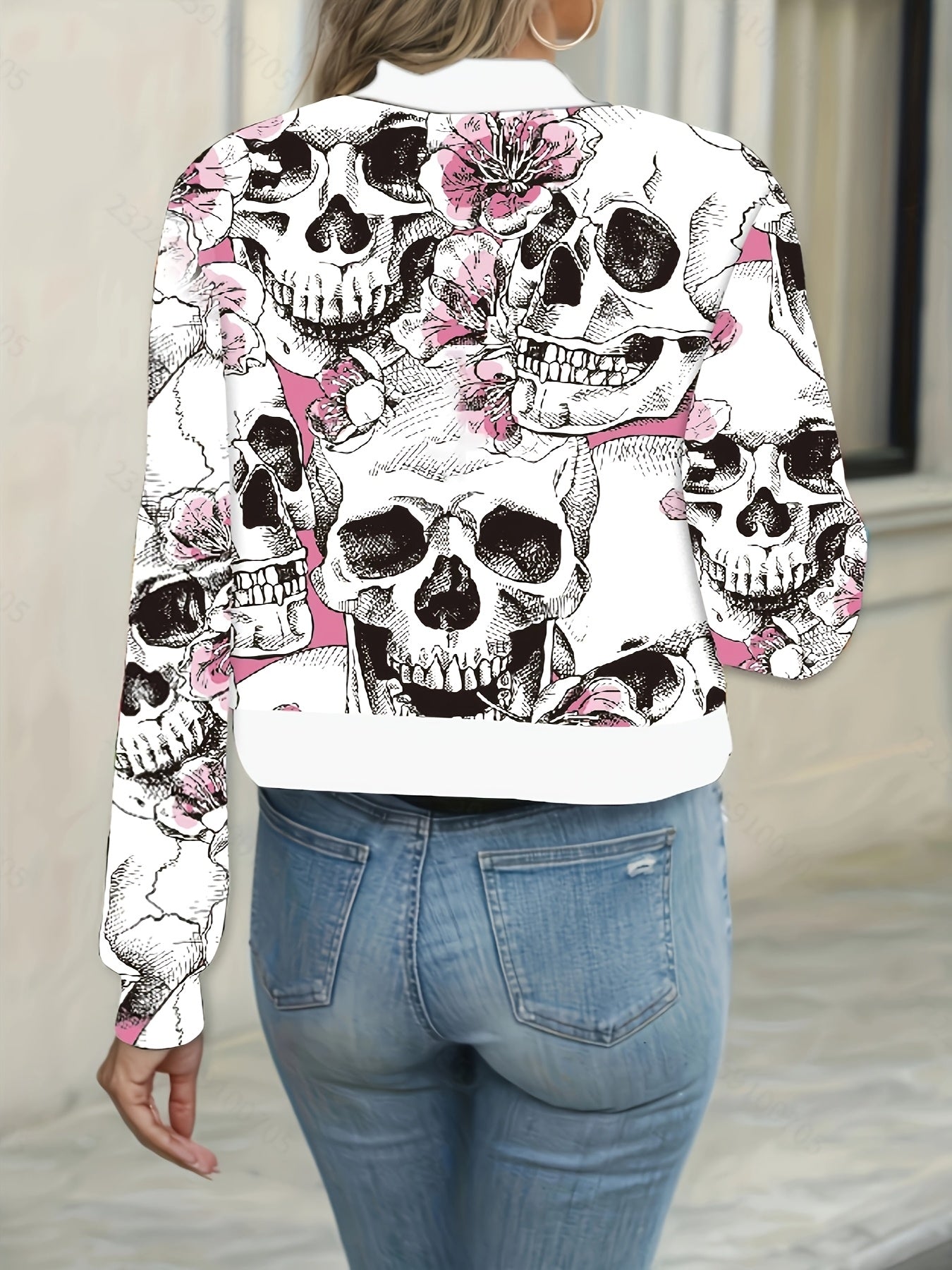 [Gothic Jacket] Women's Gothic Jacket - Black & Pink Skull Print Zipper Front Coat, Machine Washable Lightweight Outerwear for Halloween, Parties, Everyday Edgy Style - Non-Transparent Jacket, Halloween Clothes, Party Attire