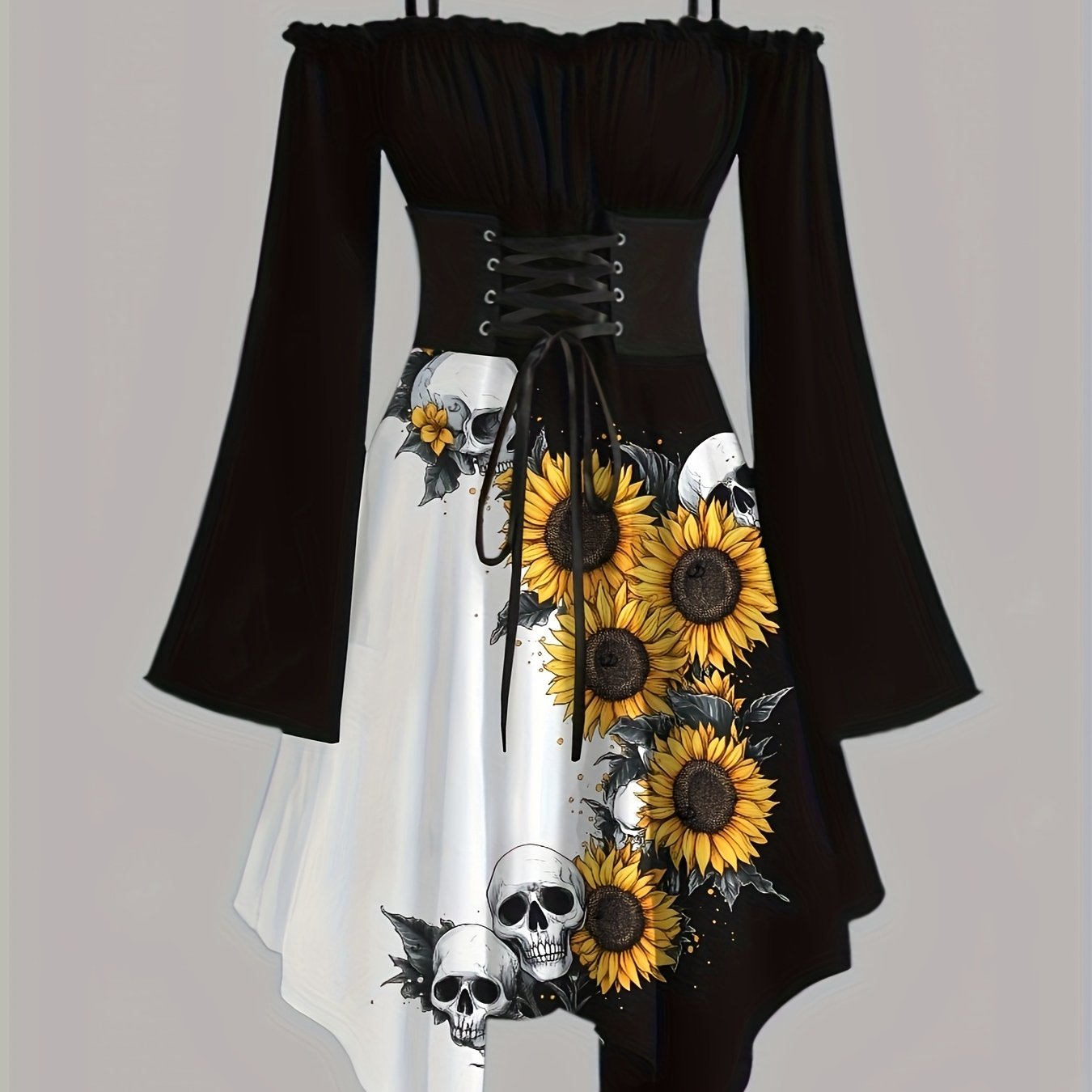 Women's Gothic Victorian-Inspired Sunflower & Skull Print Maxi Dress - Lace-Up Front with Ruffled Off-Shoulder Spaghetti Strap, Asymmetrical Hem & Bell Sleeves, Machine Washable A-Line Silhouette for Halloween, Themed Parties