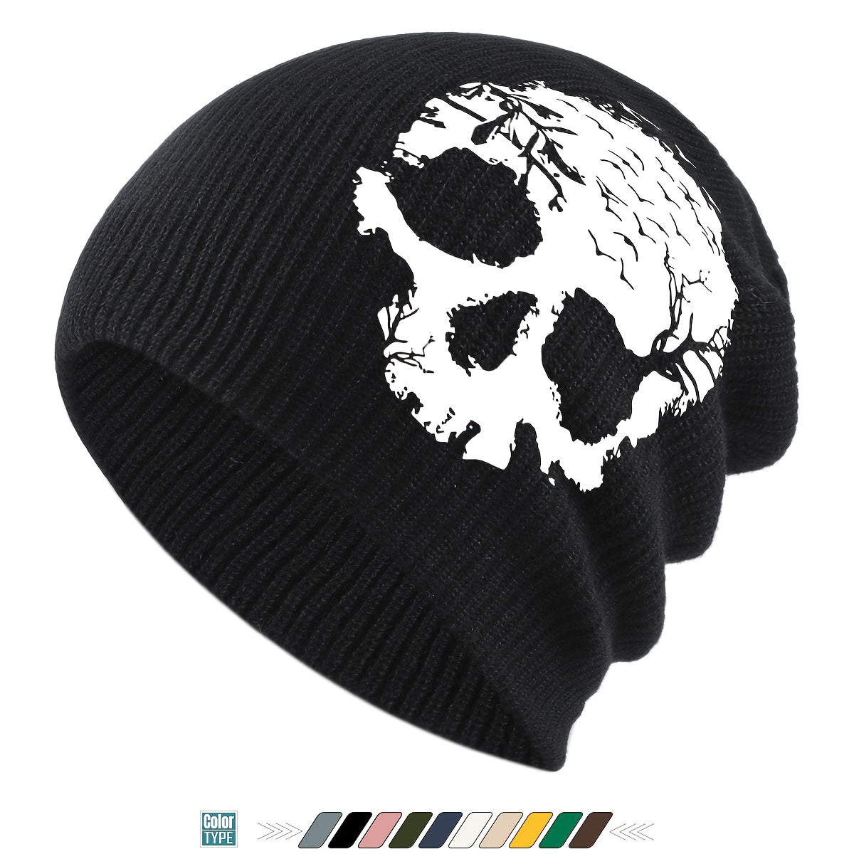 1pc Gothic Skull Print Beanie Hat - Soft Stretchy Winter Skull Cap with Elastic Band, Lightweight Warm Unisex Beanie for Men & Women, Gothic Style for Halloween, Christmas, Casual Attire - Black, Grey, Yellow, Pink, White & M