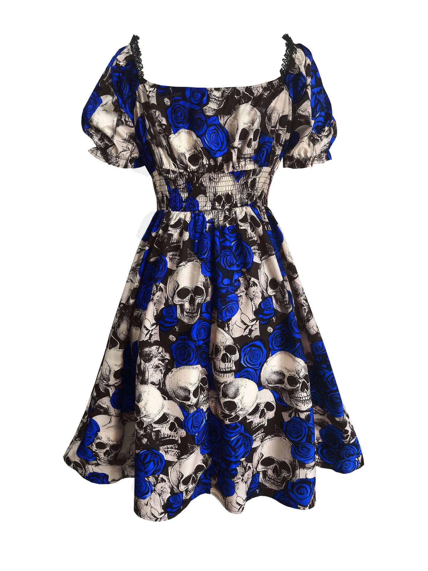 Women's Gothic Y2K Skull & Rose Print Gothic Victorian-Style Dress with Ruffled Hem & Spaghetti Strap - Lace-like Sleeve Neckline, Corset Back Closure, Machine Washable - Elegant Party Outfit for Halloween, Day of the Dead, T