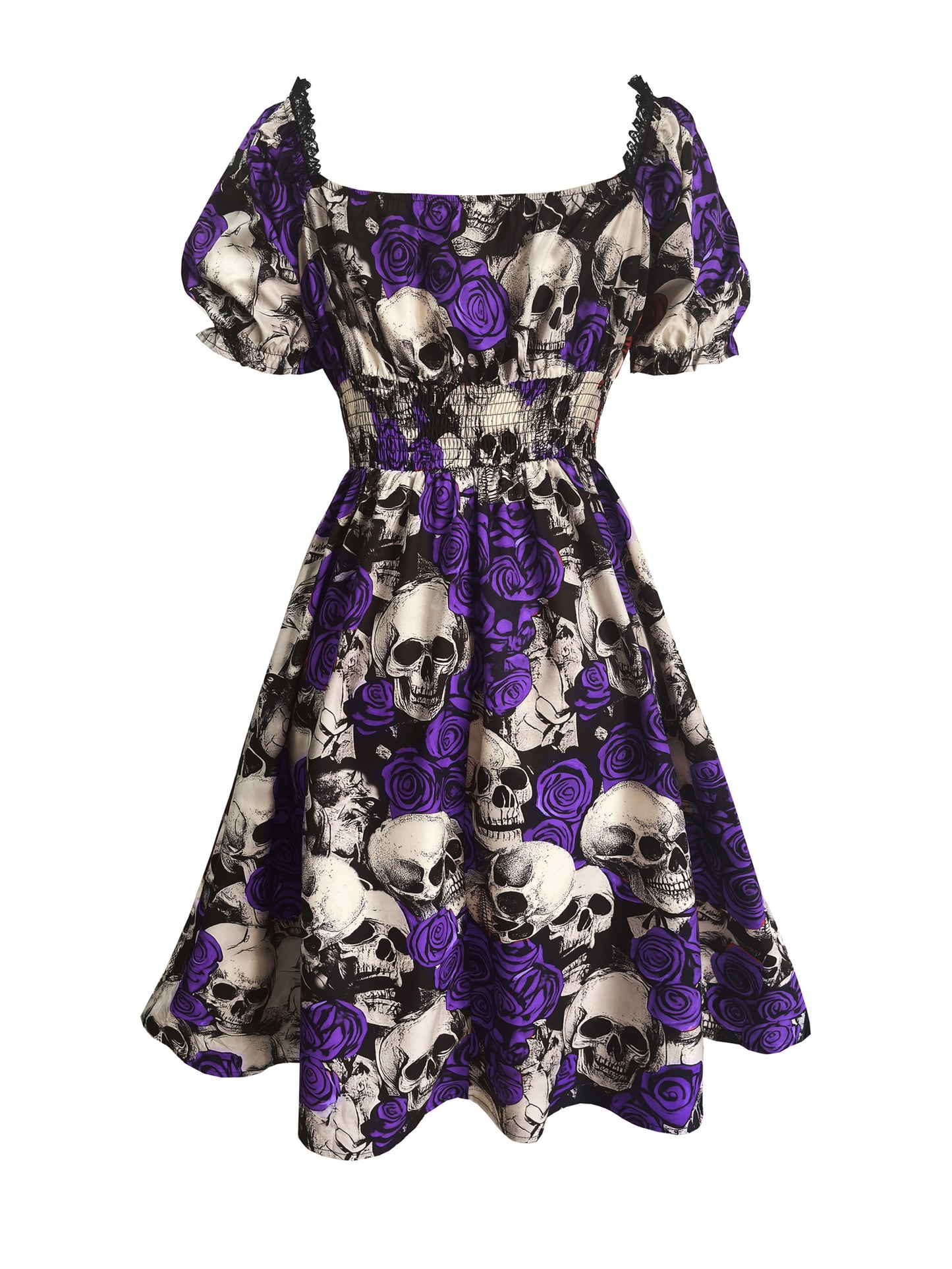 Women's Gothic Y2K Skull & Rose Print Gothic Victorian-Style Dress with Ruffled Hem & Spaghetti Strap - Lace-like Sleeve Neckline, Corset Back Closure, Machine Washable - Elegant Party Outfit for Halloween, Day of the Dead, T