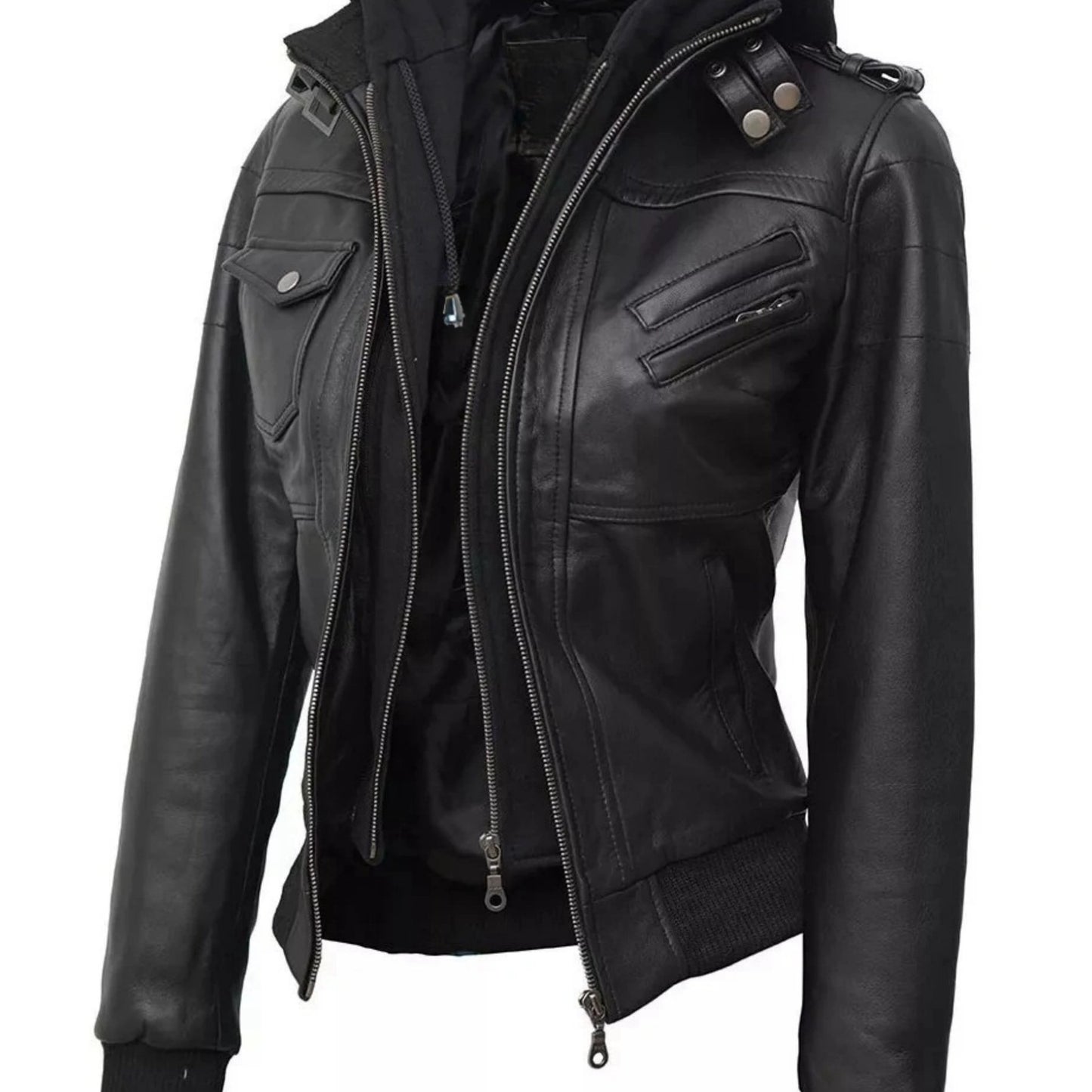 [Black Hooded Jacket] Casual Black Women's Hooded Jacket | Faux Two-Piece Design, Zippered Pockets & Adjustable Straps | for Spring/Fall Outfits, Motorcycle Style