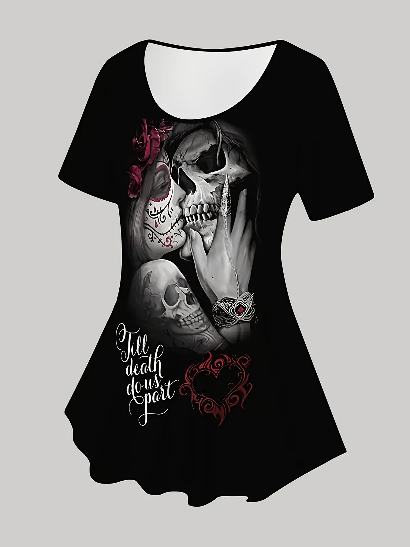 Women's Gothic 2pcs Set - Gothic Skull & Bat Print Short Sleeve Top & Leggings with Heart & Rose Corset Design - Stretchy All-Season Casual Outfit for Themed Parties, Casual Attire - Machine Washable (Spring/Summer) - Black &