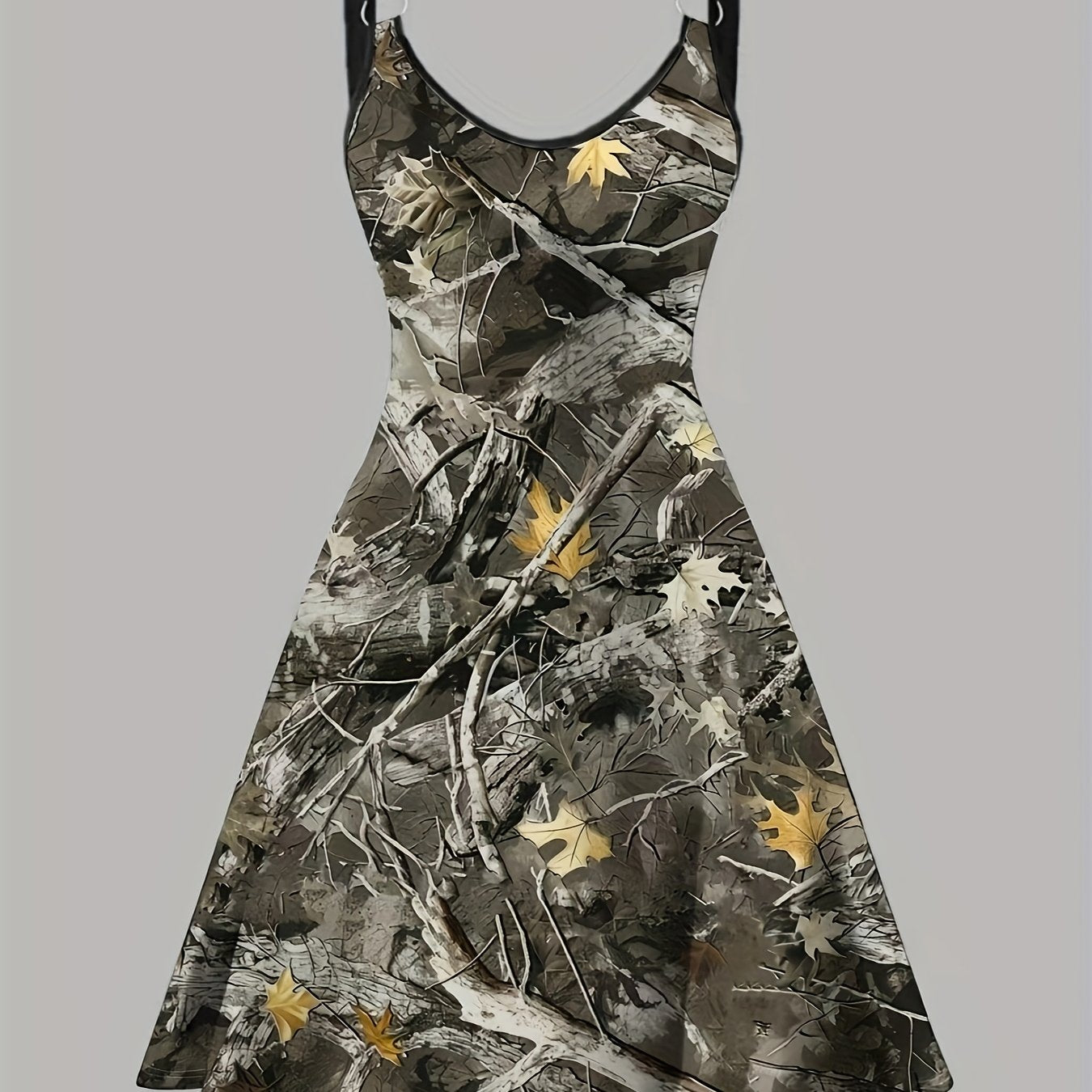 Women'S Elegant Camouflage Pinafore Dress with Golden Maple Leaf Print, Sleeveless, Round Neck, Summer Fashion, Adult Fashion