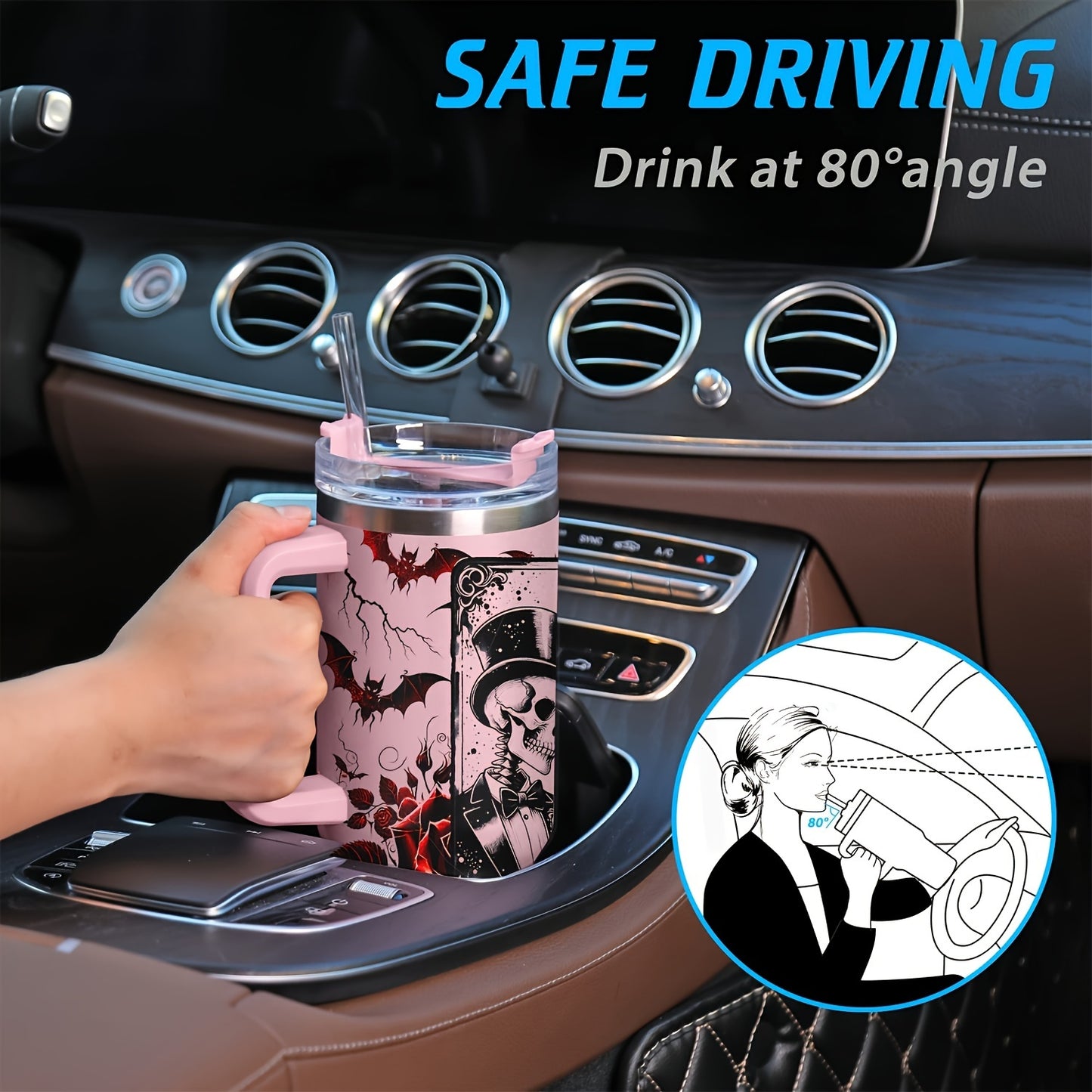 40oz Stainless Steel Tumbler with Lid - Halloween Skeleton Bride Design, Reusable & Hand-Wash Only, Perfect for Car Travel & Gifts