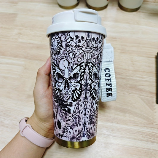 A 17.92oz Creepy Red Green Element Pattern Coffee Cup, Portable Dual Drink Thermos, Insulated/Cold Water Cup, Cool, Trendy, Cold/Hot Drink Cup, Suitable for Office, Travel, Sports/Outdoor Essentials, Basketball, Golf, Basebal