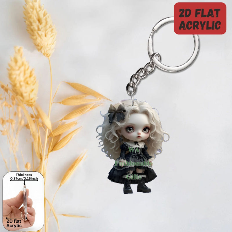2D Flat, 1pc or 6pcs Gothic Horror Doll Keychain - Cute Gothic with Expressive Eyes, Flat 2D Flat Design with Black Hair & White Face Paint - Compatible with Backpacks, Cars, Phones, Keys - Spooky Accessory for Halloween, Chr
