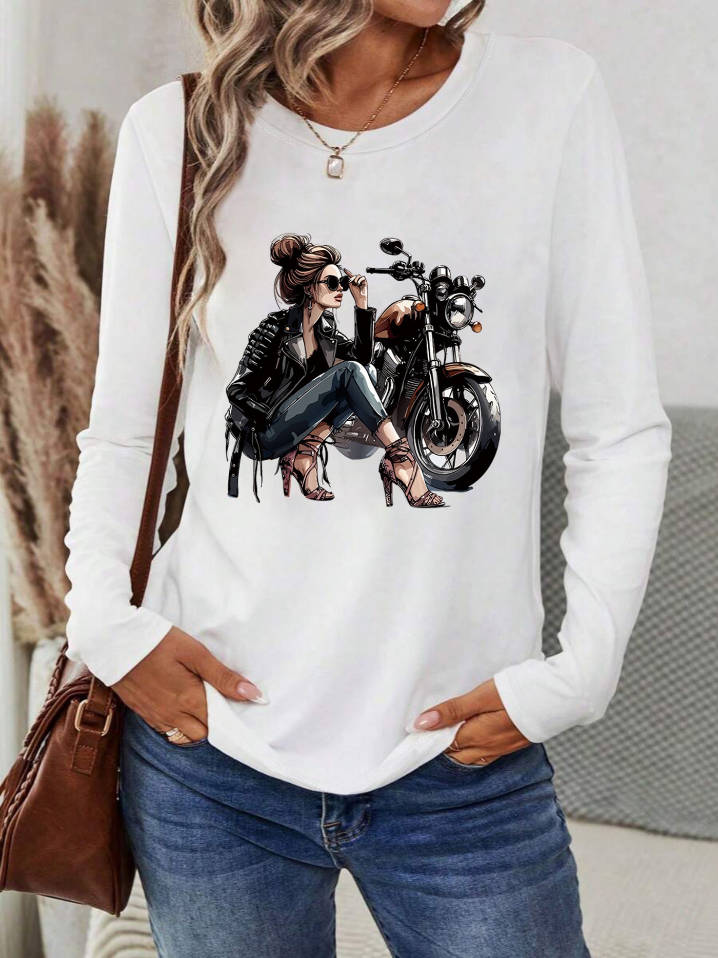 [Vibrant Yellow T-Shirt] Vibrant Yellow Women's Motorcycle Graphic Long Sleeve T-Shirt | Casual Round Neck Spring Summer Top with Geometric Print, Machine Washable, Relaxed Fit, Durable