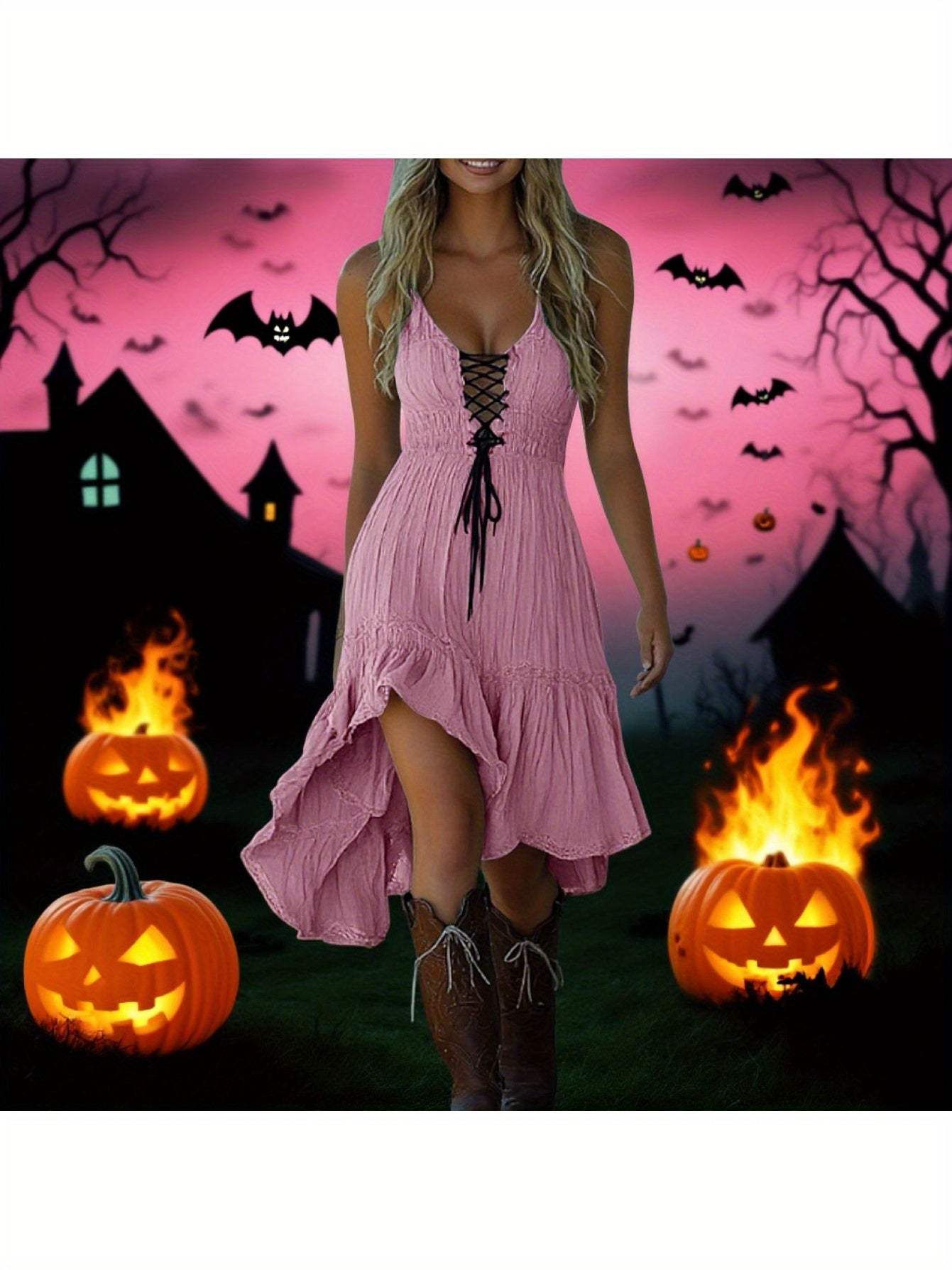 MSGWEEEG Women'S Halloween Dress - Vintage Cowgirl Midi Dress, Mustard Yellow party Outfit, Sleeveless Ruffled Hem, Easy-to-Wear Halloween Costume for Women, Halloween Party Attire, Festive Attire, Western Style, Comfortable