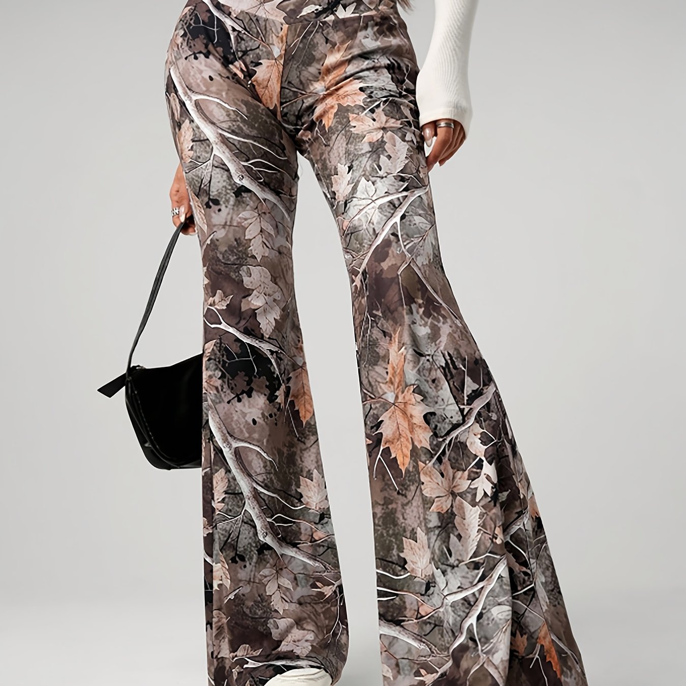 Women's High-Waisted Stretch Flared Pants - Y2K Camouflage Print with Autumn Leaves Design, All-Season Comfort & Machine Washable for Casual & Formal Outfits, Allseason Attire | Y2K Fashion | Chic Tailoring, Cute Pants