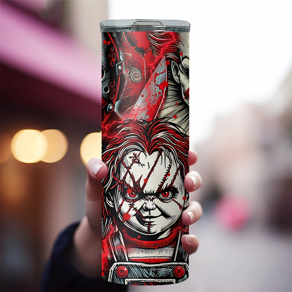 20oz Stainless Steel Tumbler with Horror Movie Characters, Insulated Travel Mug for Coffee, Beer, Drinks - Leakproof, Rust Resistant with Straw, Ideal for Halloween Party Gift - No Assembly Needed