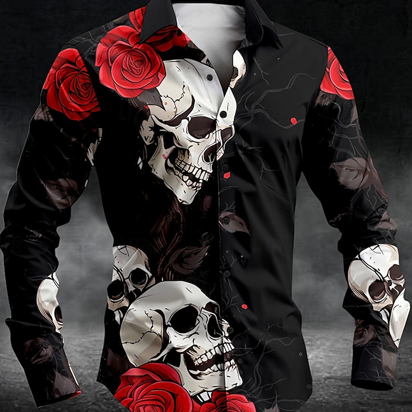 Men'S Gothic Skull & Rose Print Long Sleeve Shirt - Black with White & Blue Gothic Design, Pointed Collar Button Front, Machine Washable All-Season Casual & Formal Wear, Bold Statement Shirt for Themed Events, Parties, Everyd