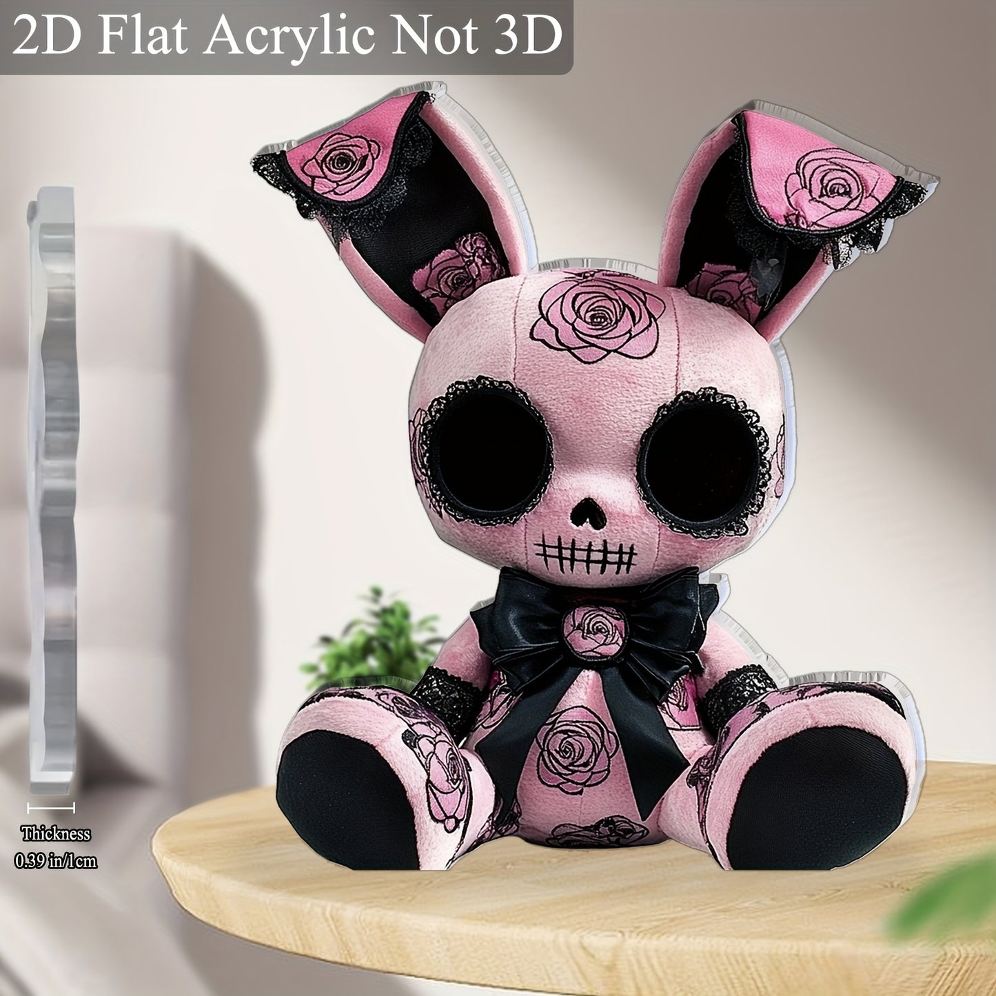 2D Flat, 1pc Gothic Style Bunny Plush Toy Acrylic Desktop Decor - Black & Pink with Rose Accents, 5.91" x 5.11", No Batteries Needed, Perfect for Office, Bar, Cafe, Valentine'S Day, Easter, or Gift for Friends, Cute Decor, Ba