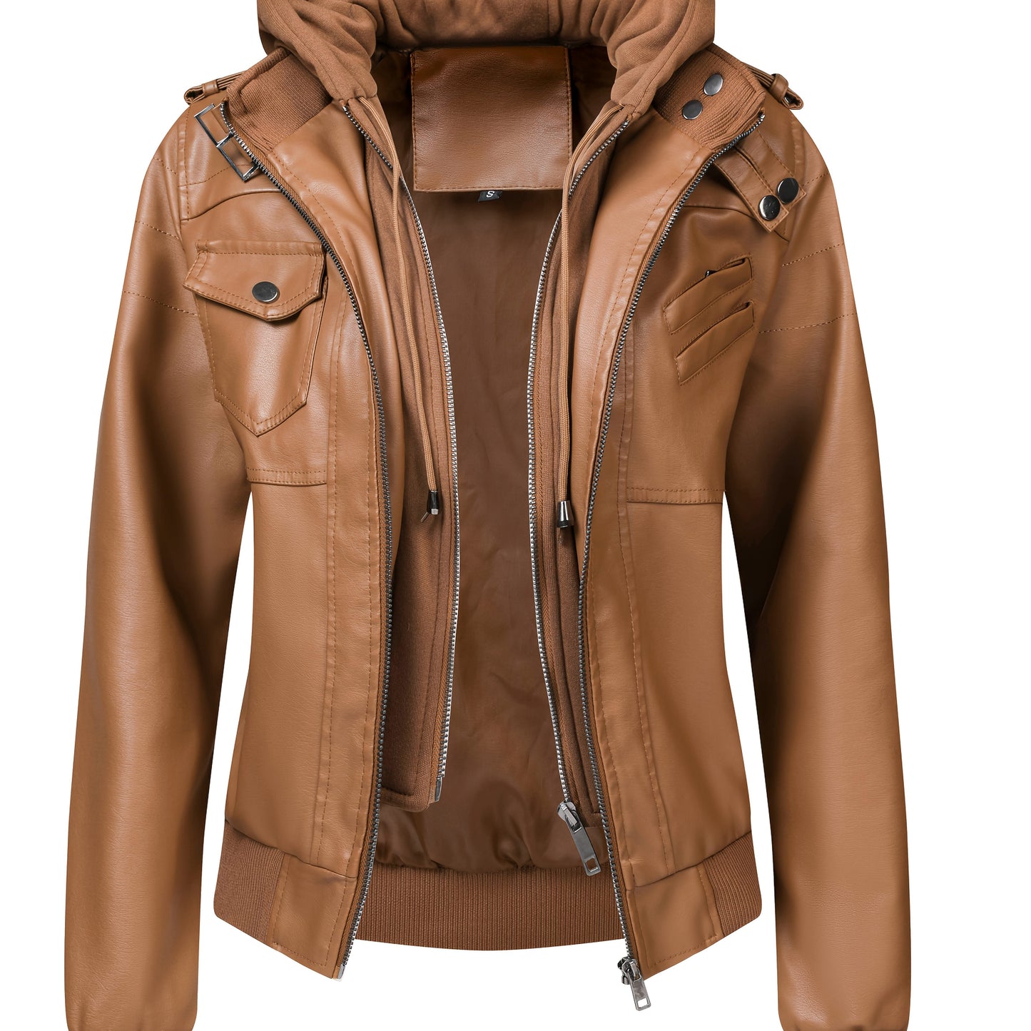 [Black Hooded Jacket] Casual Black Women's Hooded Jacket | Faux Two-Piece Design, Zippered Pockets & Adjustable Straps | for Spring/Fall Outfits, Motorcycle Style