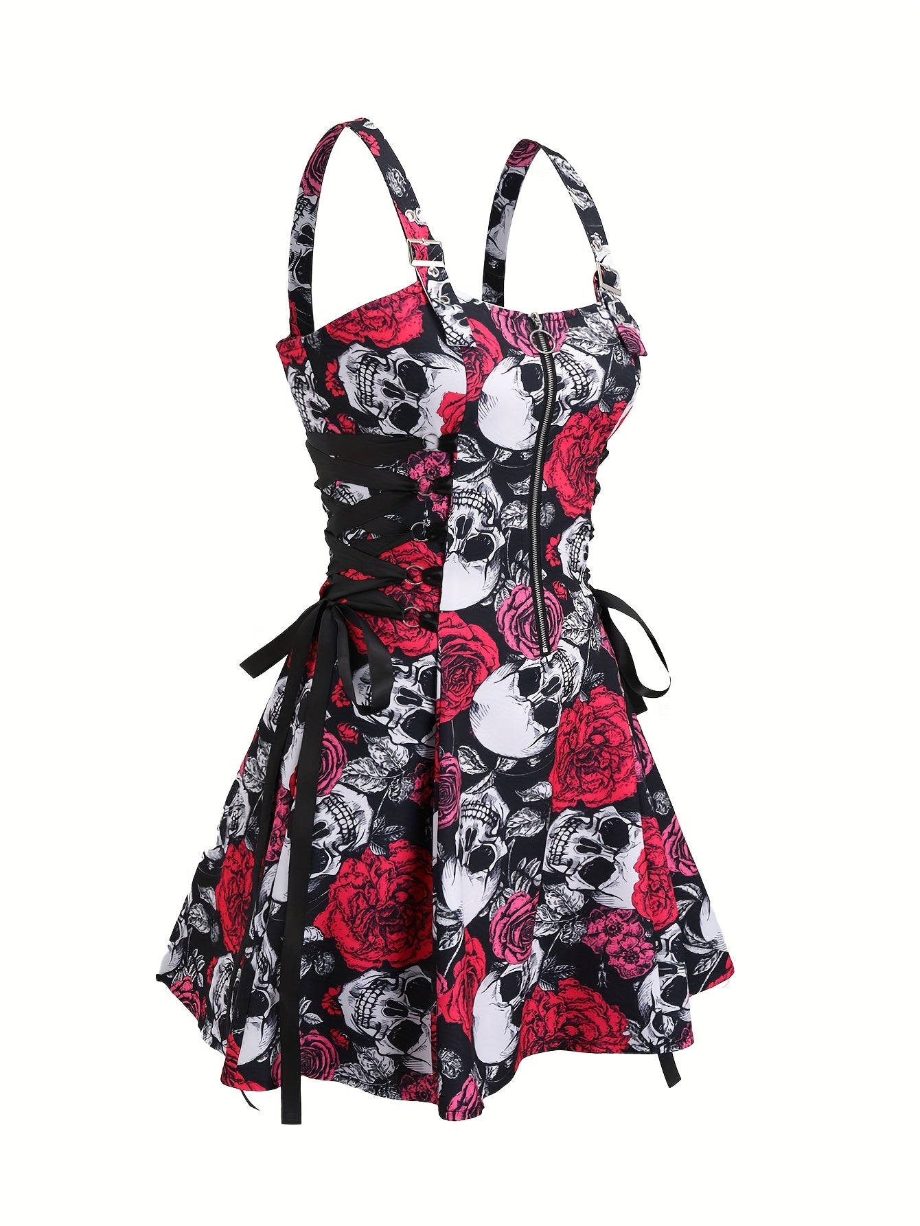 [Rose Skull Print Dress] Women's Off-Shoulder Rose & Skull Print Dress | Casual Short Sleeve Zipper Adjustable Black Straps | Machine Washable All-Season Party & Casual Attire, Nontransparent Fabric