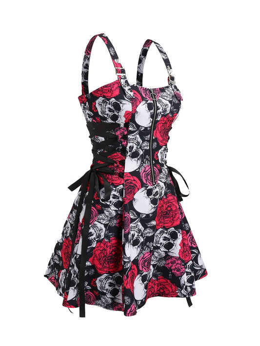 [Rose Skull Print Dress] Women's Off-Shoulder Rose & Skull Print Dress | Casual Short Sleeve Zipper Adjustable Black Straps | Machine Washable All-Season Party & Casual Attire, Nontransparent Fabric