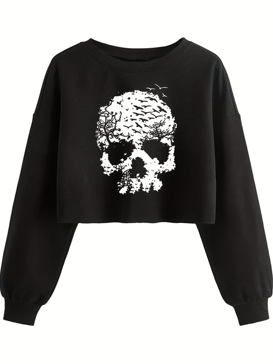 Women's Gothic Skull Print Long Sleeve Crop Top - Black & White Gothic Style Sweater with Round Neck, Machine Washable Casual All-Season Shirt for Layering, Halloween Party Outfits & Casual Attire, Relaxed Fit Short Cropped D