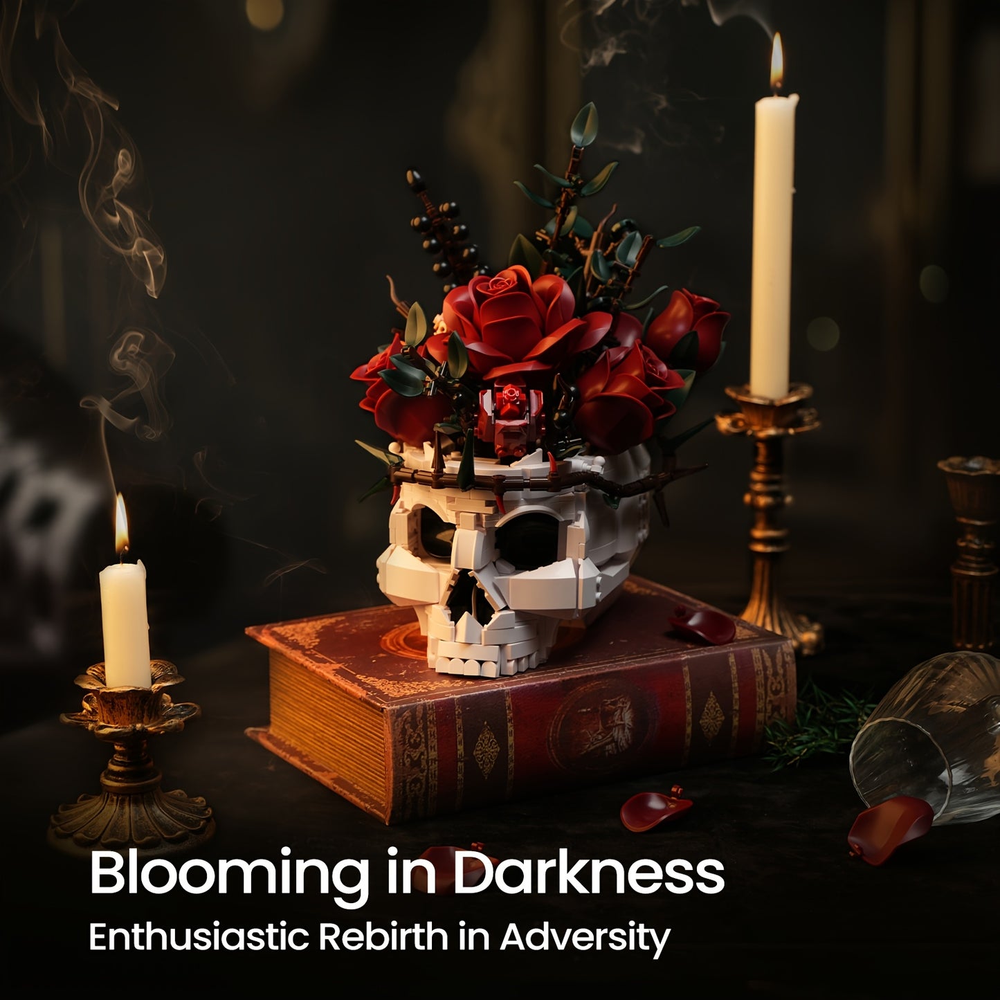 1101pcs Gothic Building Blocks Set - Large-Scale Skull & Rose Flower Model with Intricate Dark Art Design, Interlocking Bricks for Adults, Challenging Assembly, Collectible Display, Gothic Home Decor, Halloween Party Decorati
