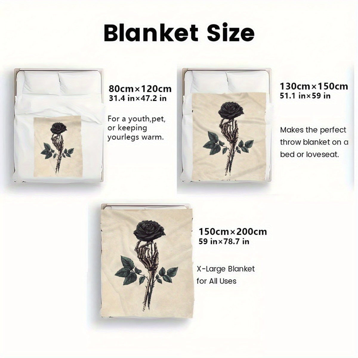 [Gothic Skeleton Throw Blanket] 1pc Gothic Skeleton Hand & Black Rose Throw Blanket - Soft Lightweight Flannel, Beige & Dark Decor for Living Room, Bedroom, Travel - Spooky Halloween Wedding Birthday Gift for Adults - All-Sea