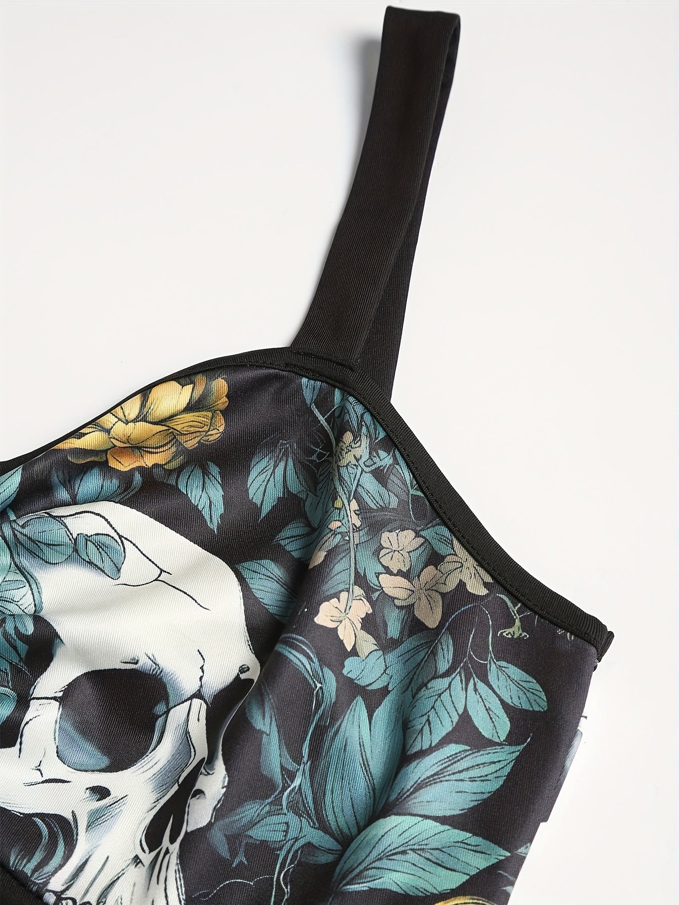 Women'S Floral Skull Print Pleated Bodice Sleeveless Summer Camisole Dress with Belt