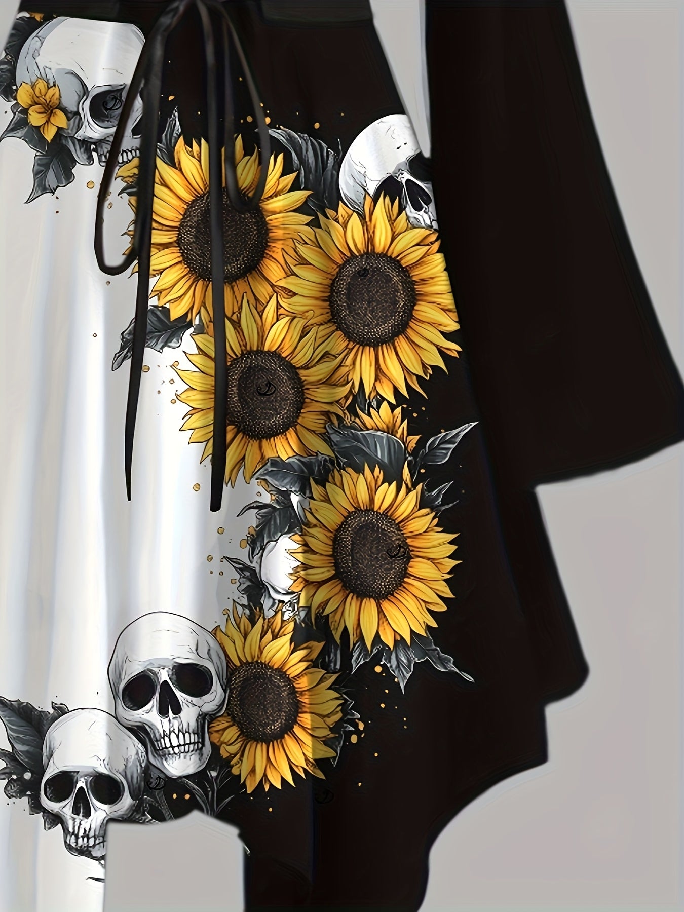 Women's Gothic Victorian-Inspired Sunflower & Skull Print Maxi Dress - Lace-Up Front with Ruffled Off-Shoulder Spaghetti Strap, Asymmetrical Hem & Bell Sleeves, Machine Washable A-Line Silhouette for Halloween, Themed Parties