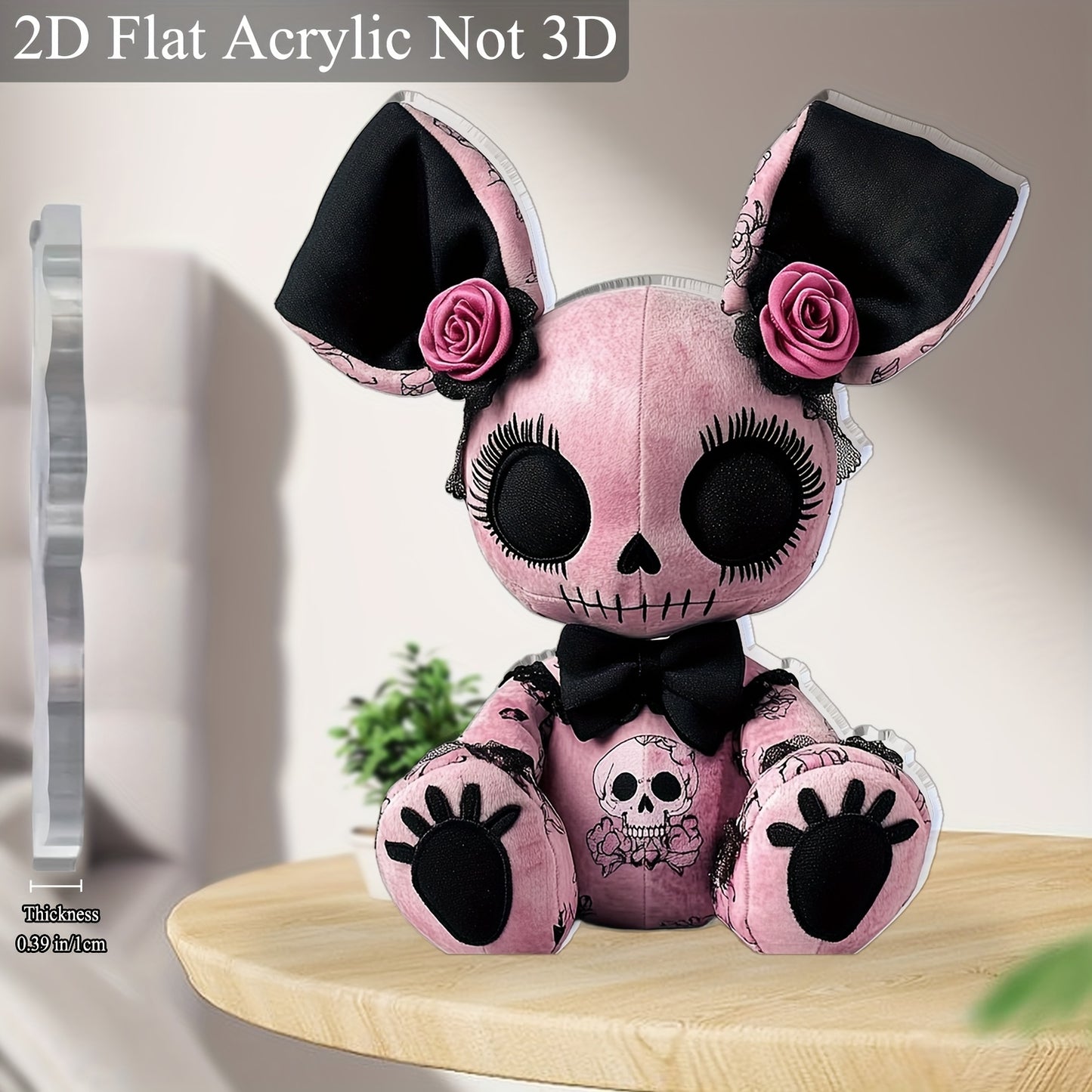 2D Flat, 2D Flat Gothic Style Mouse Plush Toy Acrylic Desk Decor - 2D Printed Skull and Rose Design, Black & Pink Gothic Decoration Sign Suitable for Halloween Christmas Bar Cafe, 5.91"x5.11" Gift for Friends, Mouse Ornament,