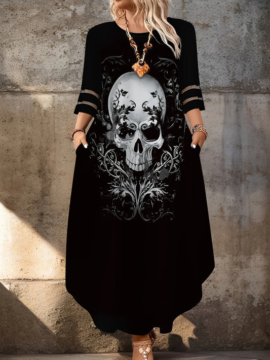 Plus Size, Women's Elegant Gothic Black Dress - ThreeQuarter Sleeve Party & Everyday Outfit - Machine Washable Formal Attire for Women, Ladies Formal Dresses, Unique Skull Print, Floral Design